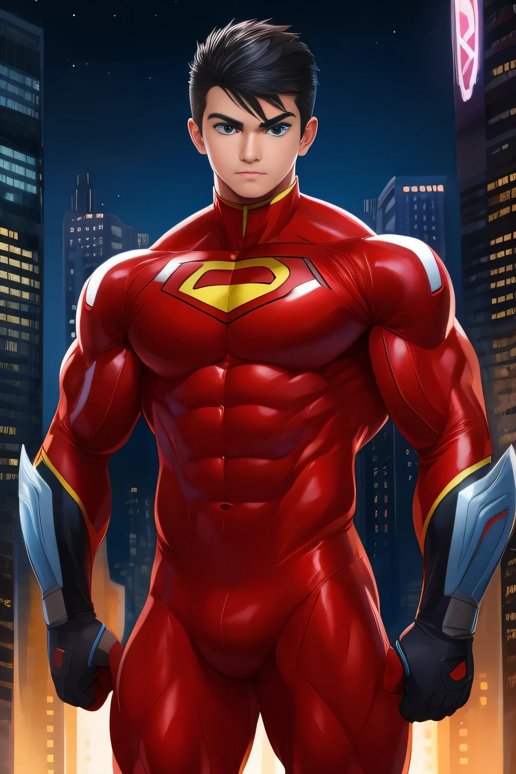 boy, very attractive boy, mexican ethnicity. tan skin, jet black hair, young man, solo, jacked muscle, beautiful musculature, aesthetic striations, inspirational physique, lean muscle, square pecs, beautiful v-taper, great abs and torso, bright bodysuit, standing front, young superhero (young face) ready to fight, top rated pixiv, wears a Bodysuit, very tight bodysuit, chiseled abs, chiseled pecs, with his jet black military haircut and voluminous neck, narrow waist, superhero, white sclera, blue eyes, no horns, brave superhero, human, handsome face, young. City background, skyscraper, futuristic city, night, stars, night lights, skill image, looking to the viewer, hero whose presence inspires trust and respect. (((His hero suit is black and red.))) (((BACK))) huge and firm muscular thighs, round buttocks and round butt inward with the back, shapely buttocks, firm ass ((firm and shapely buttocks))