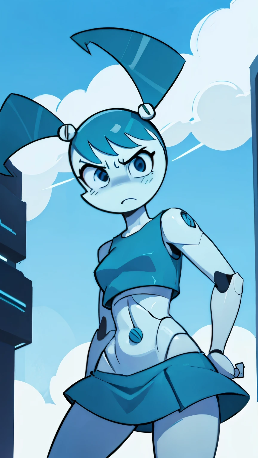 High quality portrait of Jenny Wakeman fighting aliens in a futuristic city. Day time. Angry face. Robot body, robot joints. Blue bolt on belly button, blue mini skirt