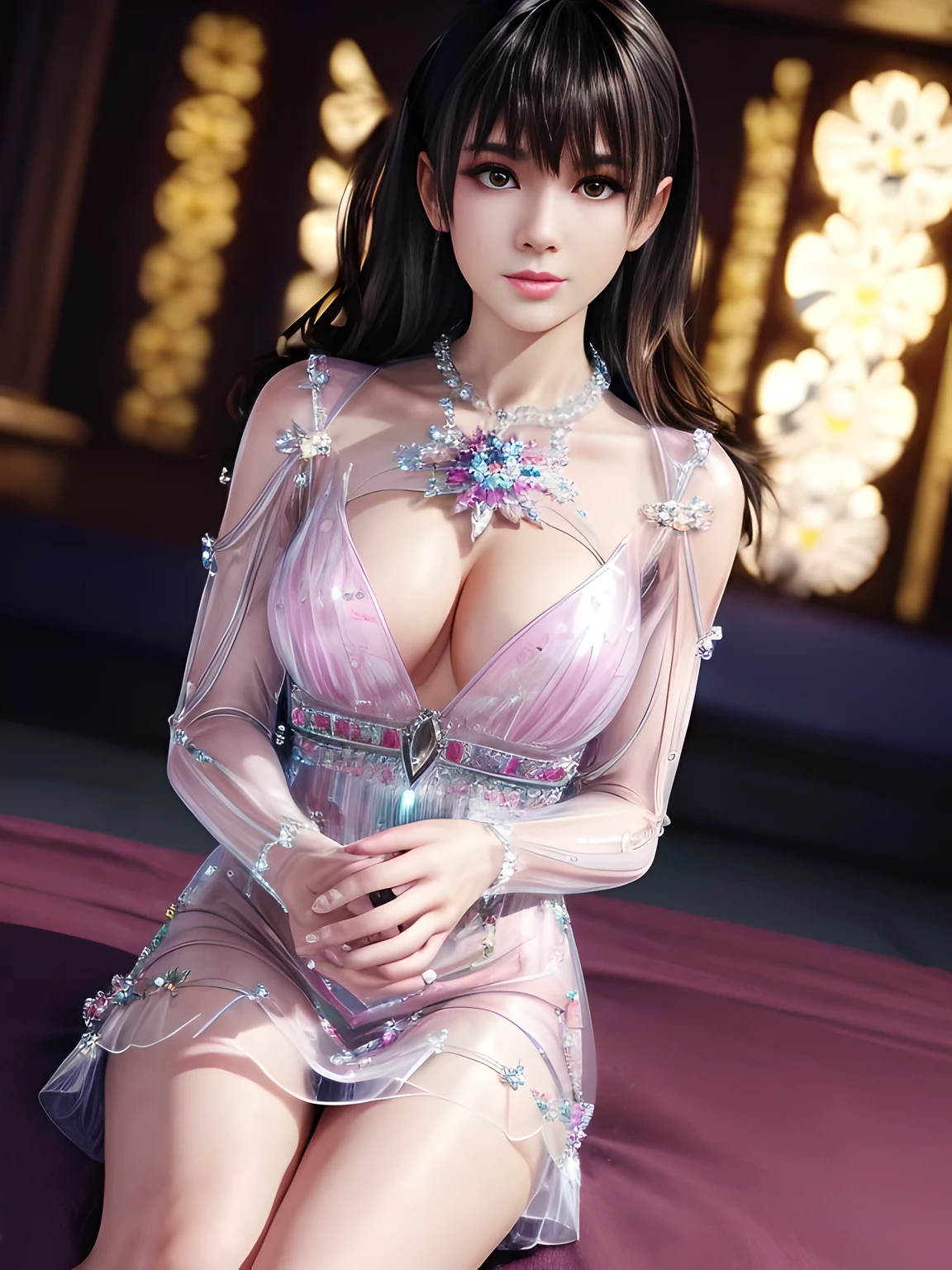 First-person perspective,1 girl,seven waves,rich and colorful,(Wearing an ice crystal embellished dress:1.5),((flower shop)),jewelry,tattoo,at night, full_moon,Lips slightly open, lustful smile, lustful, sexy pose,red lips,charming figure,Charming cleavage,(masterpiece:1.5),( best quality:1.4),(Reality:1.4), detailed,8K,3D rendering, octane rendering, The art of math,detailed头发,expressive eyes, perfect face, real fingers,depth of field,Similar colors,Warm colors,soft light,low contrast,hard shadow, 流行超Reality,(bright colors:1.3),