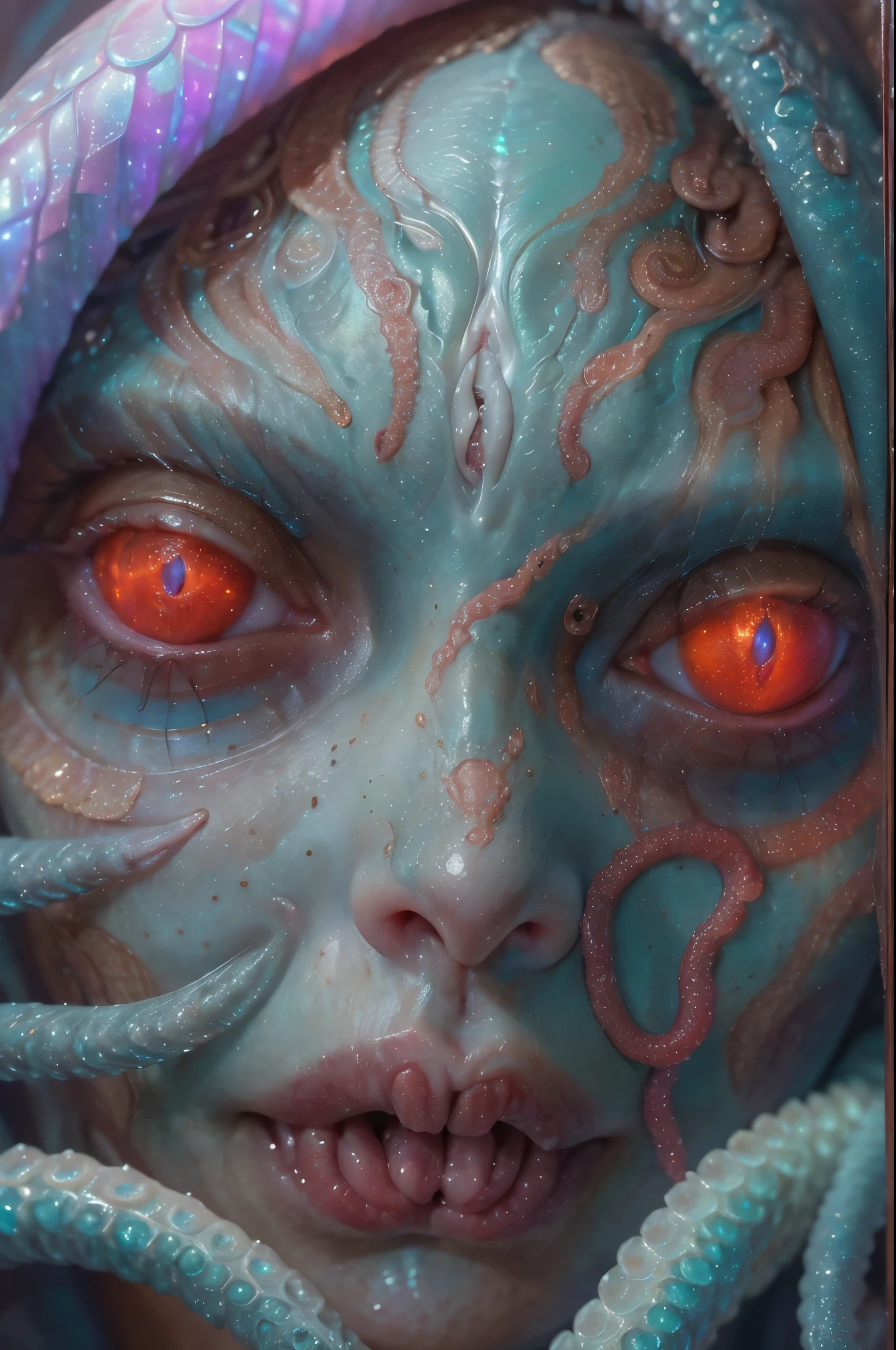 scary and sexy detailed art in color, Portrait, (beautiful and obscene female alien:1.4), (vulgarity1.5), (she has red eyes with no pupils:1.8), (Translucent skin:1.7),  (There is a female genital-like organ in the middle of the forehead:1.9), (The most beautiful face in the history of the universe:1.2),an evil gaze that seduces, (large mouth:1.1), (sharp teeth like a vampire:1.2), Full body portrait, (bio luminescent:1.5), (Smile wickedly:1.3),  (sexypose:1.5), alien, No humans, cells are fused, (Lots of translucent tentacles:1.3) extraterrestrial, cell, bio image, best quality, 8K,In 4K_quality, High freshness, Dramatic Lighting, masutepiece:1.5,cinematic quality, detail up, (exquisite details:1.2), high resolution, High freshness, drawing faithfully, (Thick eyebrows:1.2), Beautiful eyes with fine symmetry,(Highly detailed face and eyes:1.2), Intimate face, (Super detailed skin quality feeling:1.4), perfect anatomy,  (Beautiful toned body:1.5),  (Moist skin:1.2), not wearing makeup, (dark circles:1.1), long canines, cinematic drawing of characters, ultra high quality model, cinematic quality, detail up, (exquisite details:1.2), high resolution, High freshness, drawing faithfully, official art, Unity 8K Wall  , 8K Portrait, best quality, Very high resolution, ultra detailed artistic photography, midnight aura,  unreal engine 5, Ultra Sharp Focus, art by Amano Yoshitaka, ArtGerm, Roisch, intricate artwork, best quality, masterpiece, ultra high resolution, (photos realistic:1.4), ultra realistic realism, dream-like, nautilus, Creation of fantasy, Snail, Dream Snail, (biopunk nautilus:1.3),Thrilling color schemes, ultra realistic realism, seductively smiling, Blue tentacles,