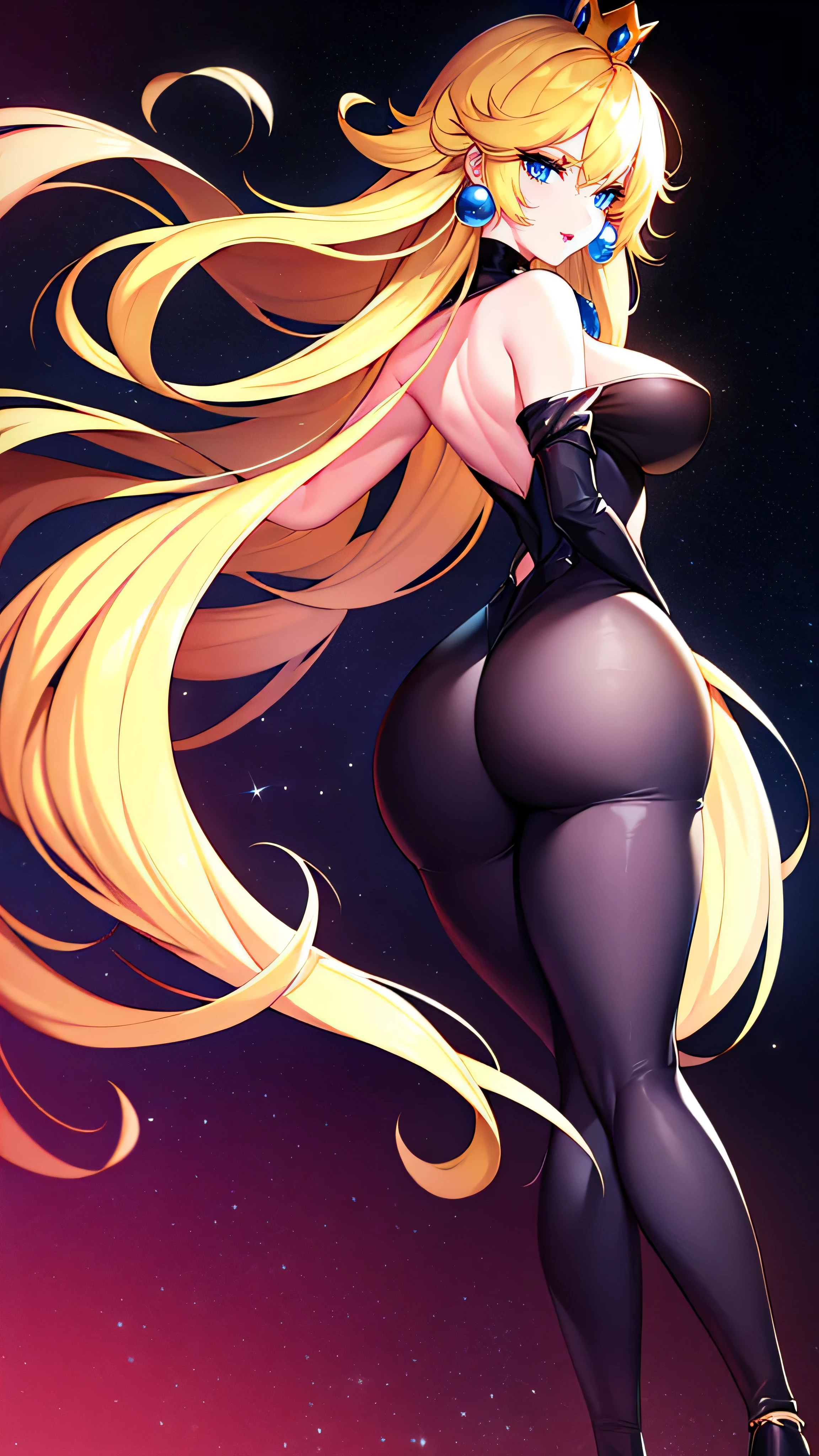 ((high detailed, best quality, 4k, masterpiece, hd:1.3)), BREAK night stars landscape, Princess Peach, neon blue eyes, BREAK blue eyes, seductive, attractive, sexy smile, smiling, smooth anime cg art, long legs, vivid colors, detailed digital art, slim body, perfect skin, blonde hair, long blonde hair, BREAK crown, looking at viewer, BREAK looking at viewer, extremely detailed face, full body, earrings, gem, dark black makeup lips, dark gothic eyeshadows, dark eyeshadows, black eyeshadows, black sexy lips, black lips, dark lips, very dark lips, (perfect hands, perfect anatomy), black makeup, detailed fingers, five fingers per hand, 5 fingers, (1 girl), detailed lips, detailed black lips, black painted lips, gothic painted lips, (off shoulder:1.1), (with your back turned:1.5, looking back pose), (looking back), (arms outstretched:1.3),