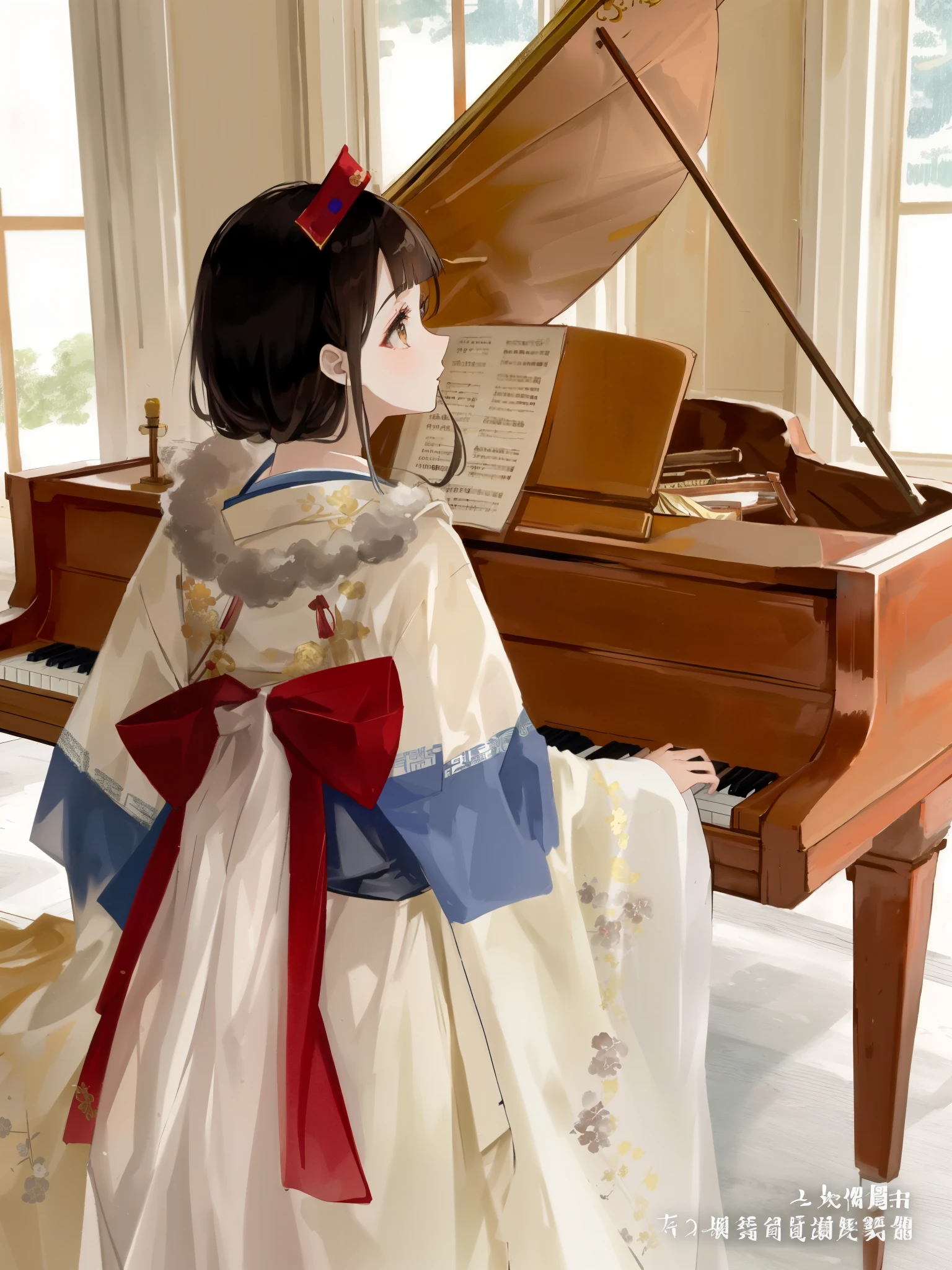 araffe dressed in a kimono sitting at a piano, palace , a girl in hanfu, (brown long hair swept bangs:1.3), white hanfu, hanfu, wearing ancient chinese clothes, pale and coloured kimono, wearing a luxurious silk cloak, traditional chinese, in kimono, japanese clothes, wearing royal kimono, wearing dramatic aristocrat robe, chinese costume, traditional japanese, hanbok, hanbok apron
