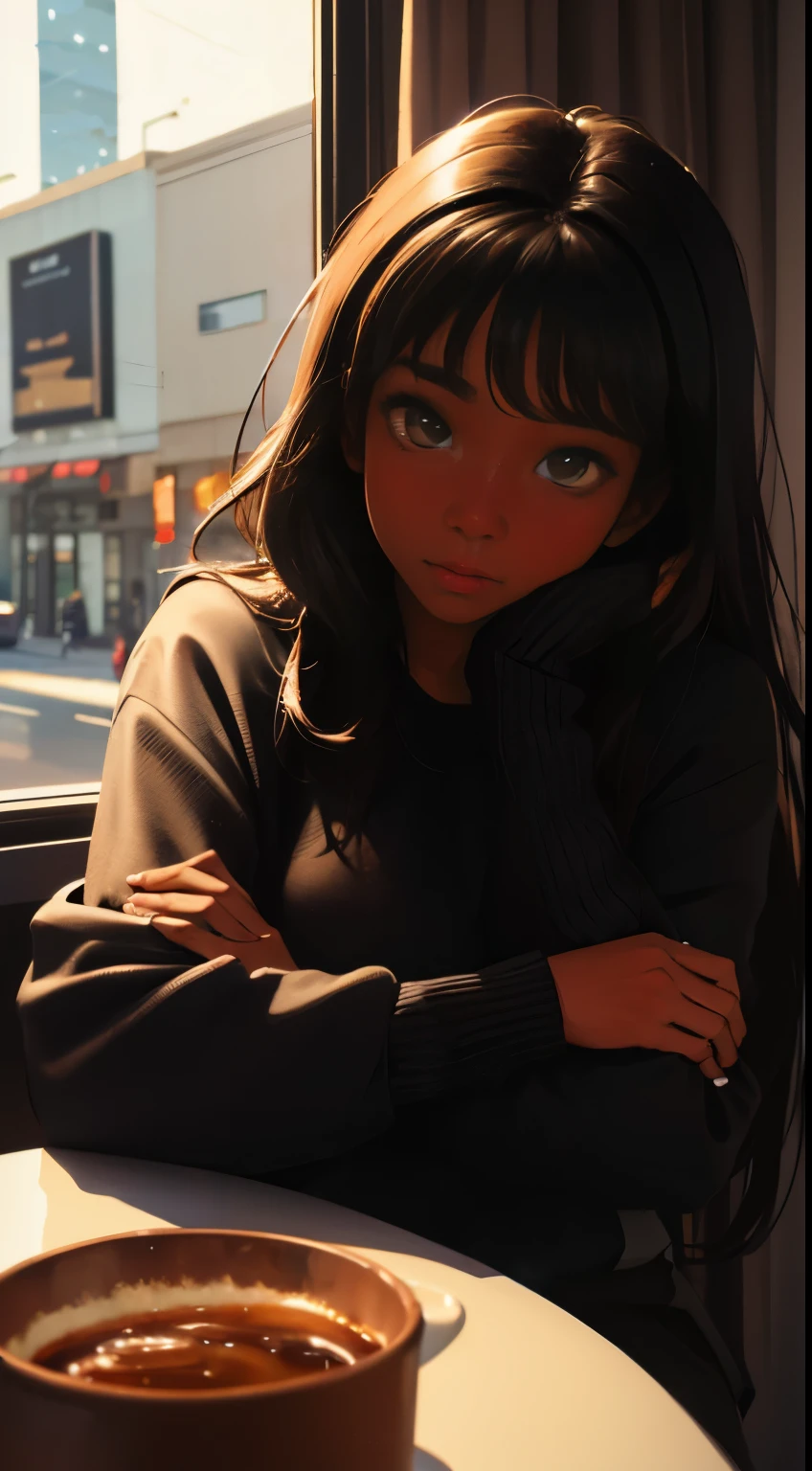 ((masterpiece, best quality, ultra detailed, ultra high res)), ((night)), (distant), chiaroscuro, coffee, indoors, solo focus, pov, (through the window), (armrest), 1 girl,(dark skin), ebony skin, ebony nose, full lips, facing away, black hair, long hair, distracted, sitting, fuzzy sweater shirt, (looking away), streetspace, neon lights, particles, luminous dark brown eyes,