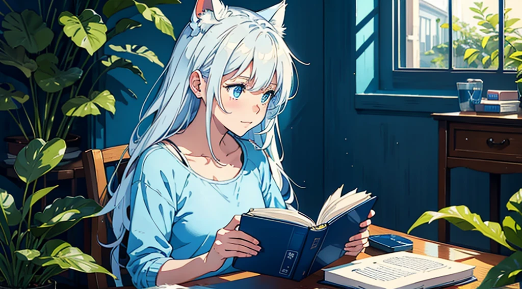Create digital artwork in the anime style, a white woman studies in a small blue room, casual fashion, Movie color scheme, Vibrant brushstrokes, Emotions should be dynamic, Upper body, Drawing, illustration, many plants, blue eyes, reading a book, With cat ears, Happy Face