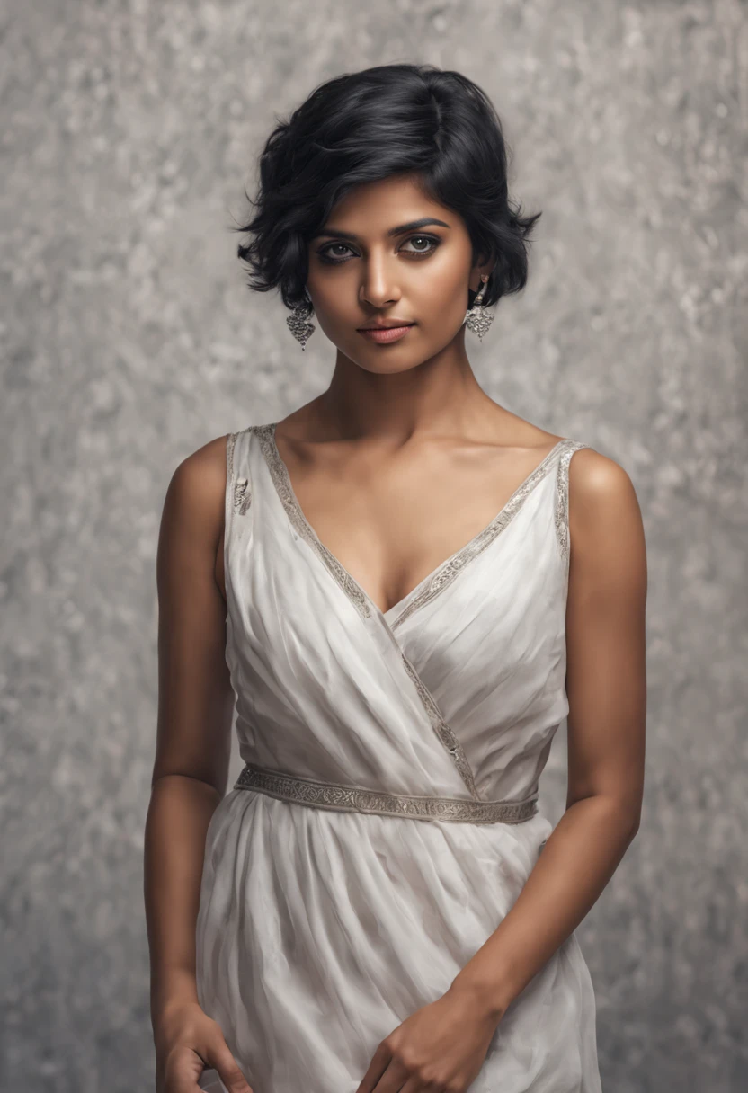 An Indian 24 years girl, Black Short Hair, White Dress, Hyper Realistic Gray Background