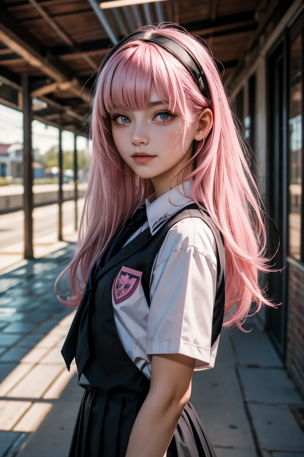 (1Girl, Russian, Beautiful, smiling, 18yo, ((Messy pink hair with a fringe)), (pink perfects eyes), ((wearing ((black)) school uniform))), ((In a school corridor)),