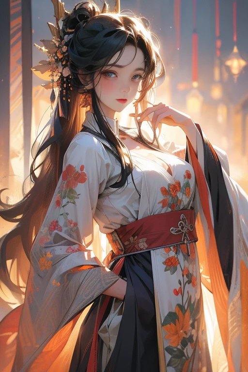 (masterpiece:1.2, best quality:1.2, beautiful, high quality, highres:1.1, aesthetic), detailed, extremely detailed, ambient soft lighting, 4K, perfect eyes, perfect face, perfect lighting, 1girl,black hair, breasts, glowing, glowing eyes, hair between eyes, lips, long hair, looking at viewer,parted lips, plump, red eyes, realistic, solo, hands on hips,Clear and visible nipples and vulva,Transparent Hanfu