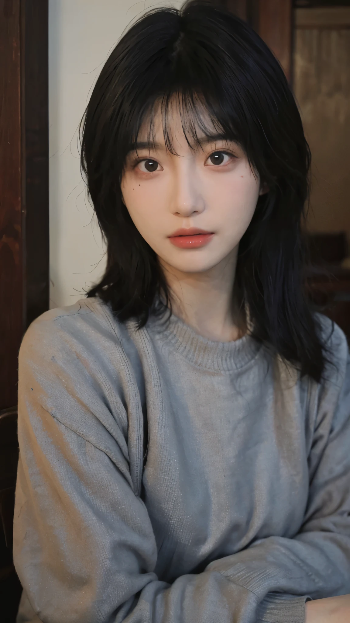 best quality， ultra high resolution， （realistically：1.4）， A woman with long black hair and a gray sweater, medium shot , she has black hair，through bangs, Young cute korean face, cute korean face, Urzans, Shin Jinying, beautiful aesthetic face, Korean facial features, Played by Liu Li Zhien ，beautiful realistic face