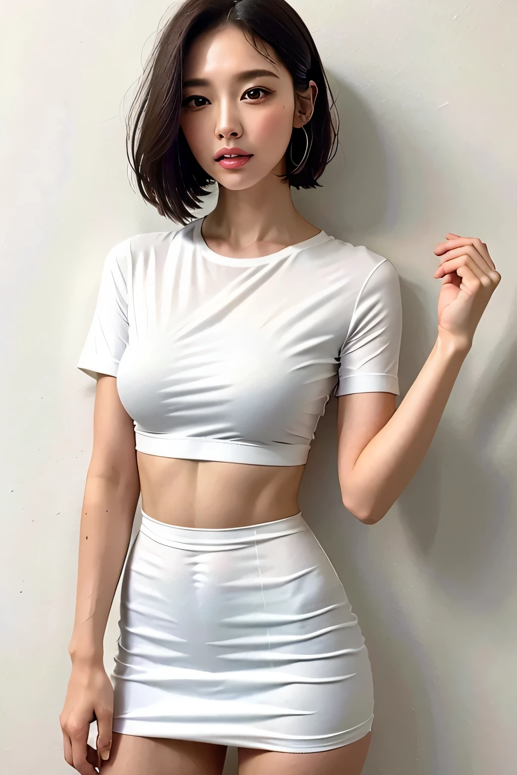 (8K, highest quality, masterpiece: 1.2), (hair_style), (realistic, photorealistic: 1.37), plump eyes, highest quality, masterpiece, ((standing in front of a white wall)), gradient lighting, japanese model, [small breasts], professional lighting, (Short to medium hair), Photographed from the waist up, angle from behind, Taken in a room with light, Fashion style of Japan trends of 2023, realistic, Super detailed, 30 generations, cute, actress, elaborate CG, thin, delicate skin type, (emphasizes the luster of hair), put hand on mouth, short length t-shirt, whitish skirt,