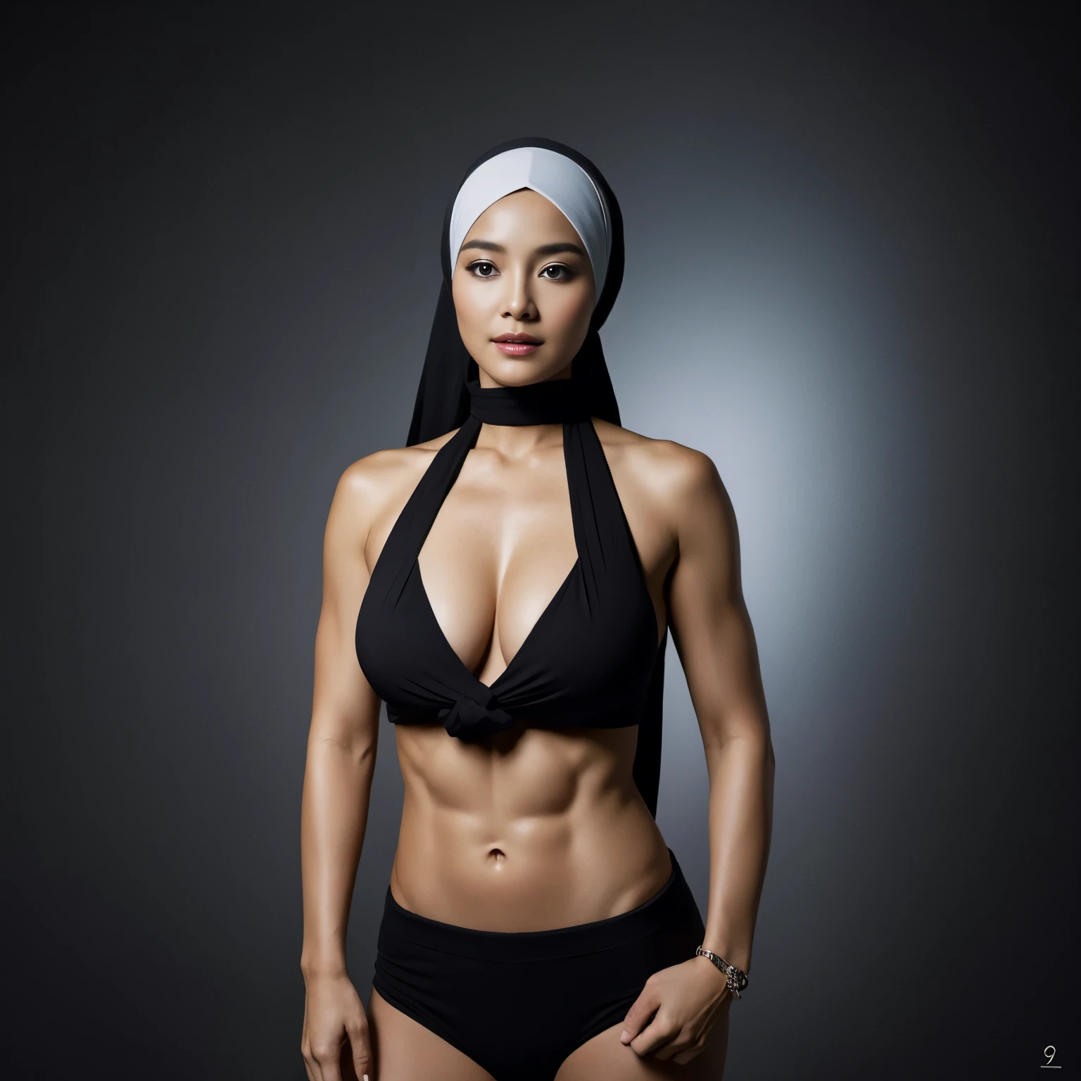 52 years Old, Hijab Indonesian mature woman, Extra Largest Tits : 96.9, Naked Body, Perfect Six Pack Abs, Slim body, Groping Tits, at Studio Photo, Dark light, at NightTime