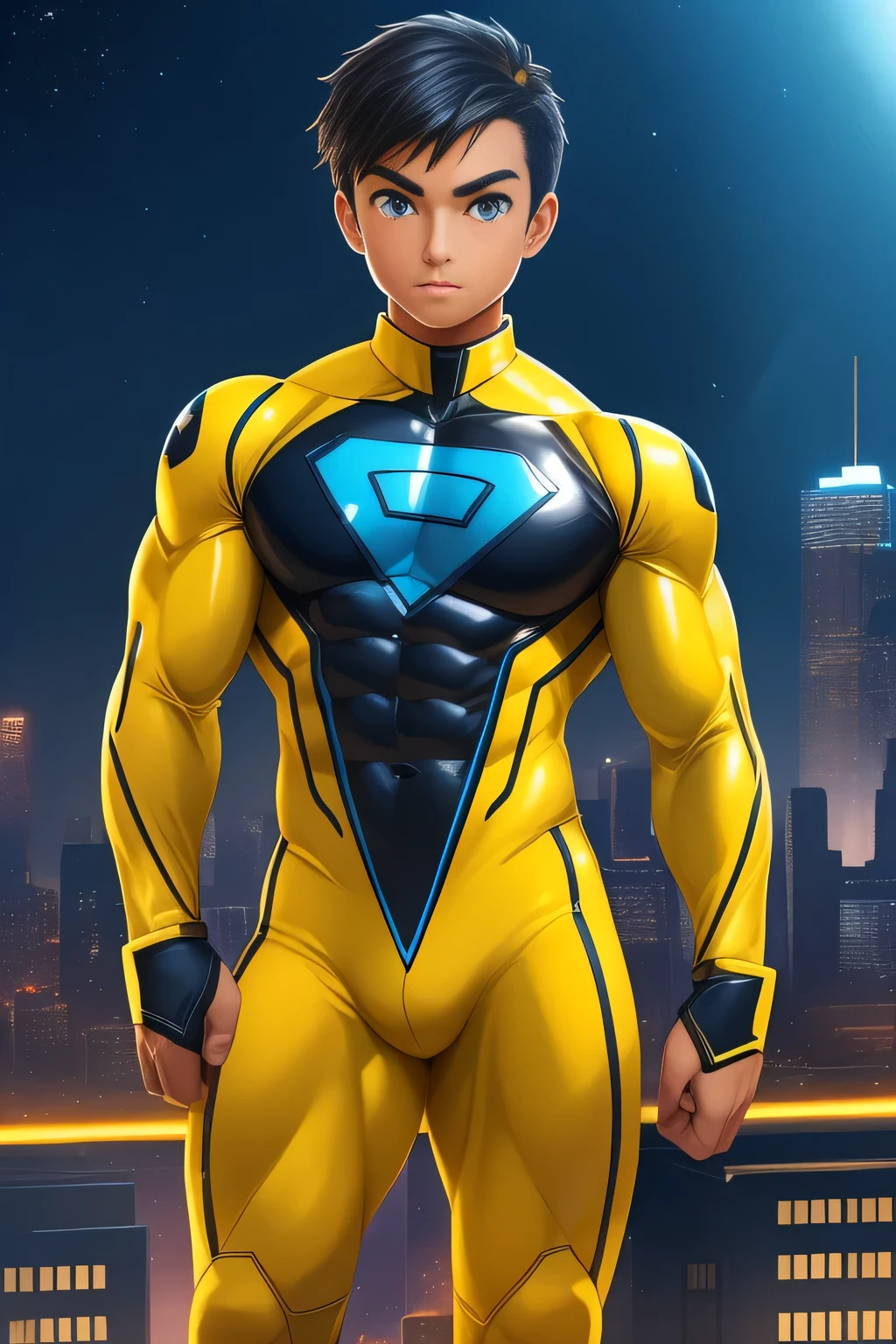(((TAN SKIN, TANNED BOY)) boy, very attractive boy, mexican ethnicity. tan skin, jet black hair, young man, solo, jacked muscle, beautiful musculature, aesthetic striations, inspirational physique, lean muscle, square pecs, beautiful v-taper, great abs and torso, bright bodysuit, standing front, young superhero (young face) ready to fight, top rated pixiv, wears a Bodysuit, very tight bodysuit, chiseled abs, chiseled pecs, with his jet black military haircut and voluminous neck, narrow waist, superhero, white sclera, blue eyes, no horns, brave superhero, human, handsome face, young. City background, skyscraper, futuristic city, night, stars, night lights, skill image, looking to the viewer, hero whose presence inspires trust and respect. (((His hero suit is black and yellow.))) (((BACK))) huge and firm muscular thighs, round buttocks and round butt inward with the back, shapely buttocks, firm ass ((firm and shapely buttocks))