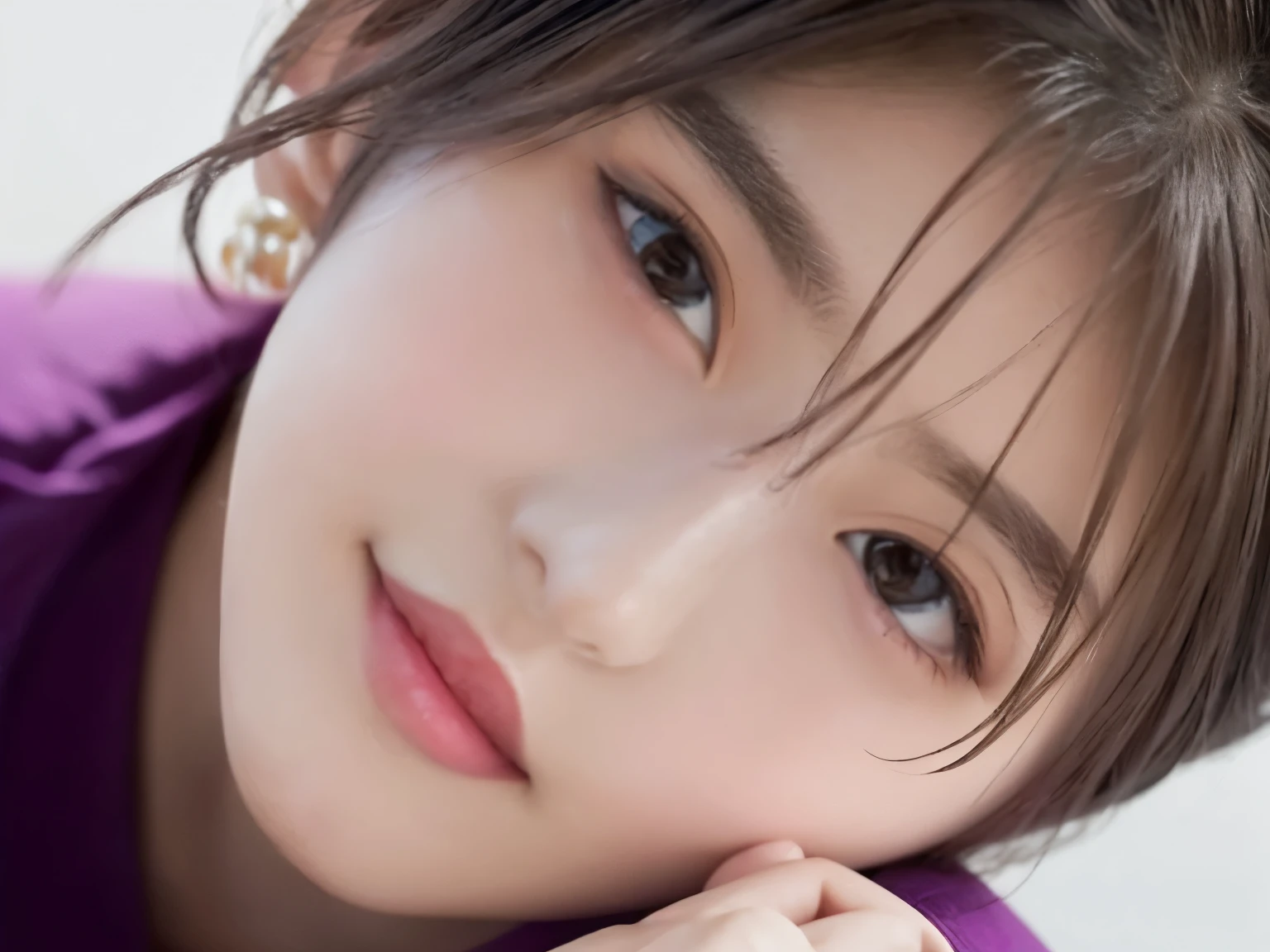 fluffy、oxytocin、(最high quality), (round face: 1), 1 girl, (high detail skin: 1.2), (puffy eyes),  smile, soft lighting, high quality,  short cut hair,purple eyebrows、 super huge boobs、