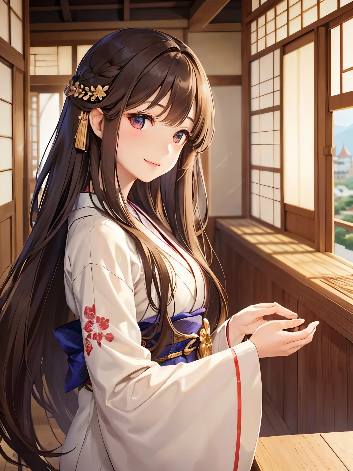 brown hair、long hair、Edo Period、kimono、disorganized、Very beautiful and delicately shining eyes、Beautiful smile with attention to detail、profile、;D、beautiful and delicate flowing hair、Beautiful delicate and detailed hands、very delicate and detailed fingers、solo、Super beautiful illustration、cute and beautiful, Beautiful smile, very delicate and detailed、Castle town background