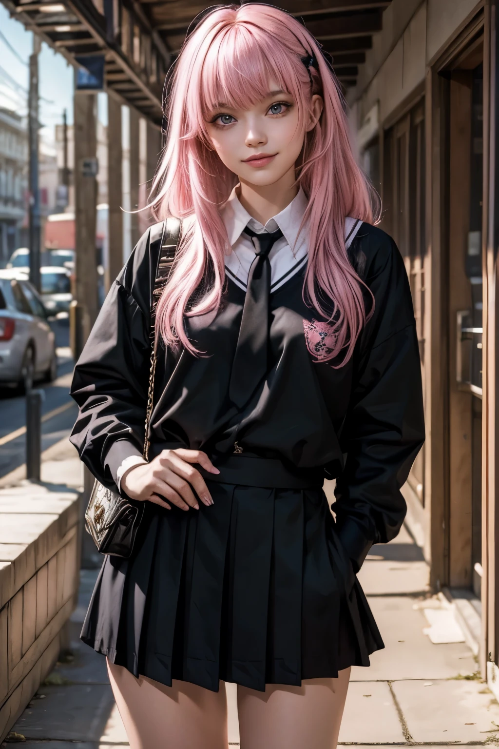 (1Girl, Russian, Beautiful, smiling, 18yo, ((Messy pink hair with a fringe)), (pink perfects eyes), ((wearing ((black)) school uniform))), ((In a school corridor)),
