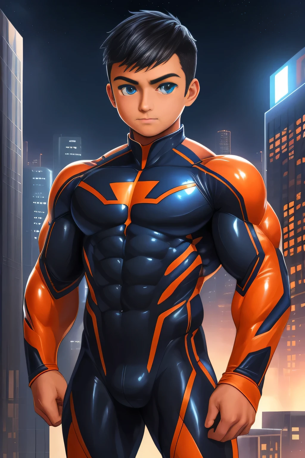 (((TAN SKIN, TANNED BOY)) boy, very attractive boy, mexican ethnicity. tan skin, jet black hair, young man, solo, jacked muscle, beautiful musculature, aesthetic striations, inspirational physique, lean muscle, square pecs, beautiful v-taper, great abs and torso, bright bodysuit, standing front, young superhero (young face) ready to fight, top rated pixiv, wears a Bodysuit, very tight bodysuit, chiseled abs, chiseled pecs, with his jet black military haircut and voluminous neck, narrow waist, superhero, white sclera, blue eyes, no horns, brave superhero, human, handsome face, young. City background, skyscraper, futuristic city, night, stars, night lights, skill image, looking to the viewer, hero whose presence inspires trust and respect. (((His hero suit is black and orange.))) (((BACK))) huge and firm muscular thighs, round buttocks and round butt inward with the back, shapely buttocks, firm ass ((firm and shapely buttocks))