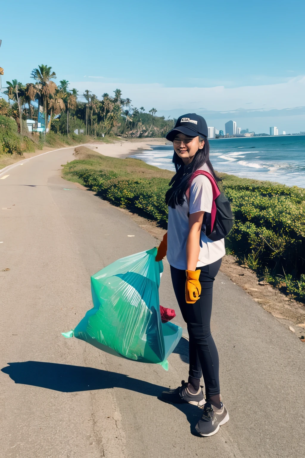 coastal picking up garbage woman