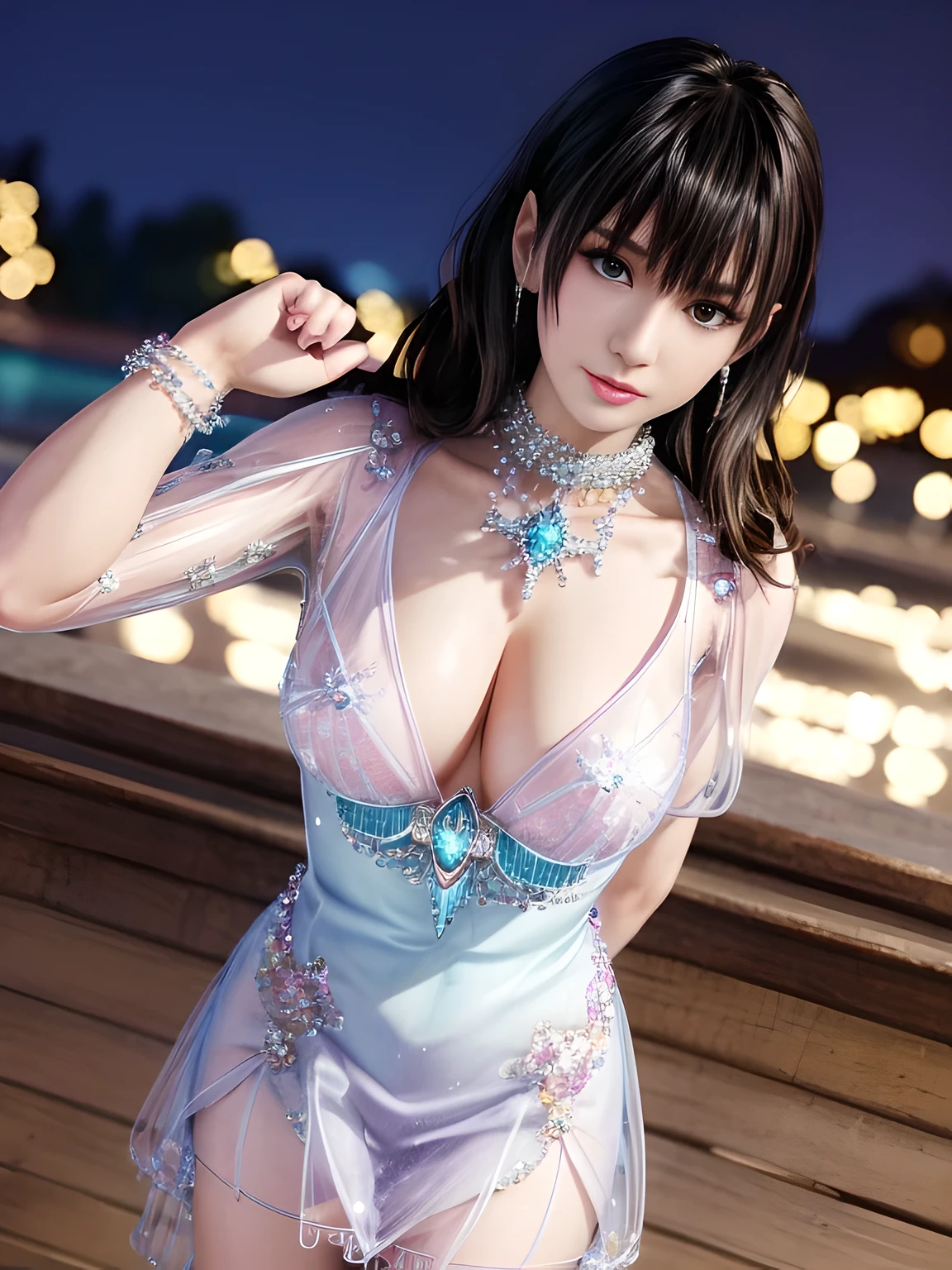 First-person perspective,1 girl,seven waves,rich and colorful,(Wearing an ice crystal embellished dress:1.5),((flower shop)),jewelry,tattoo,at night, full_moon,Lips slightly open, lustful smile, lustful, sexy pose,red lips,charming figure,Charming cleavage,(masterpiece:1.5),( best quality:1.4),(Reality:1.4), detailed,8K，3D rendering, octane rendering, The art of math,detailed头发,expressive eyes, perfect face, real fingers,depth of field,Similar colors,Warm colors,soft light,low contrast,hard shadow, 流行超Reality,(bright colors:1.3),