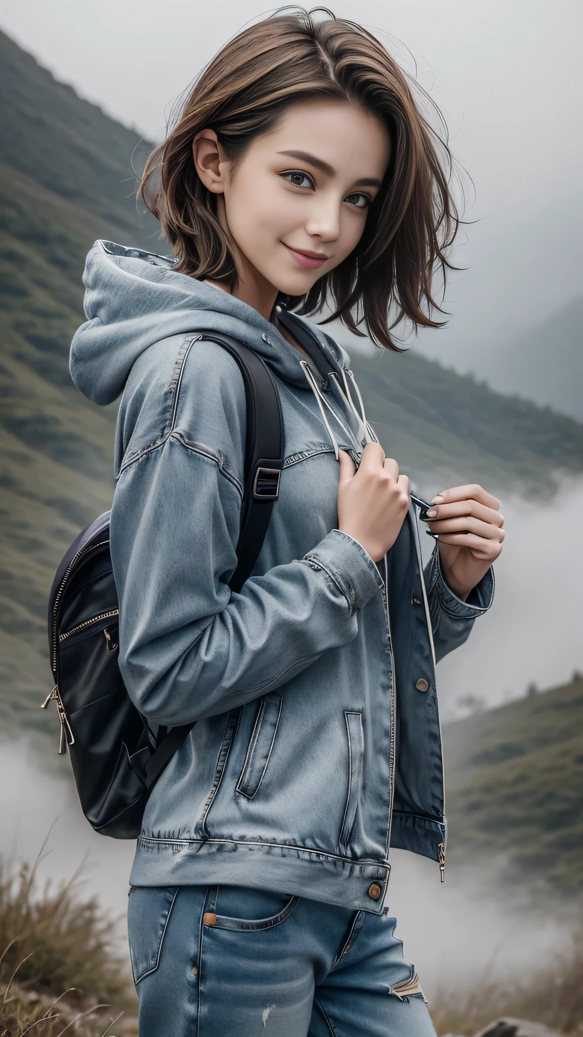 (Masterpiece, best quality, award winning, photorealistic, fashion photography :1.5), Photoshoot by DSLR camera with vivid color tone, sharp focus, 35mm. lens and f/2.8. close-up shot at mountain top with beautiful fog view, at dawn, foggy, A beautiful European female youth, model, ig idol, delicate face, perfect slim body, attractive slender body, beautiful eyes, no make-up, dark blonde messy short hairs. Wearing hoodie coat, jean pants, backpack, top of the hill, smiling.