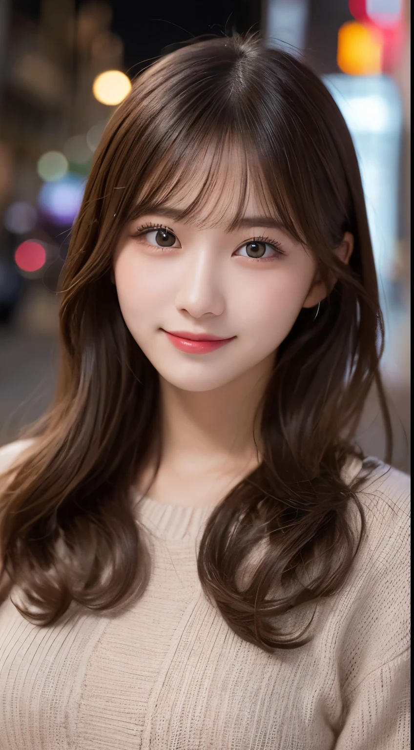 table top, highest quality, figure, super detailed, finely, High resolution, 8k wallpaper, 完璧なダイナミックな構figure, detailed and beautiful eyes, winter dress,medium hair, small breasts, natural color lip, random sexy poses,smile,big city、20 year old girl、midnight、beautiful and detailed face、perfect and beautiful face,Big eyelur the background、perfect and beautiful double