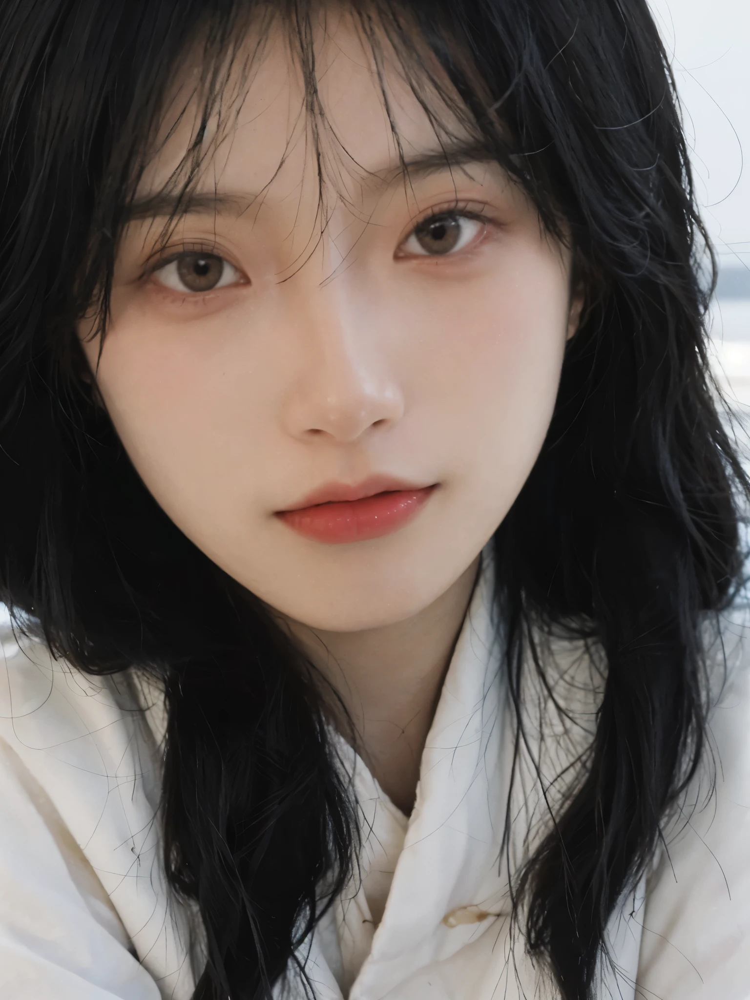best quality， ultra high resolution， White background，（realistically：1.4）， girl， A pair of eyes as clear as snow,Royal sister，Black long straight， looking at the audience， close up ，