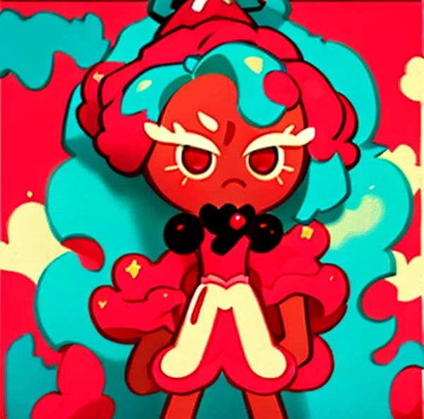Panderverse Strawberry Shortcake Cookie, pink hair, long hair, crossed bangs, folded ponytail, horns, red eyes, Lager eyelashes, Surrealism, 8k, super detail, 1080P, 16k