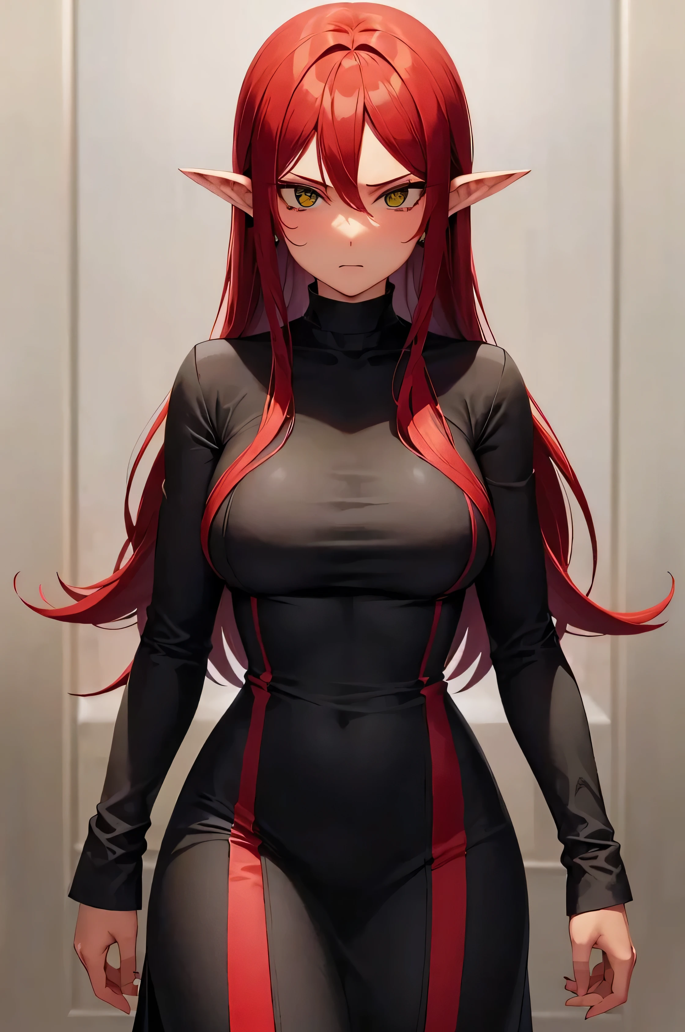 black skin woman, red hair, angry face, elf ears, black dress.