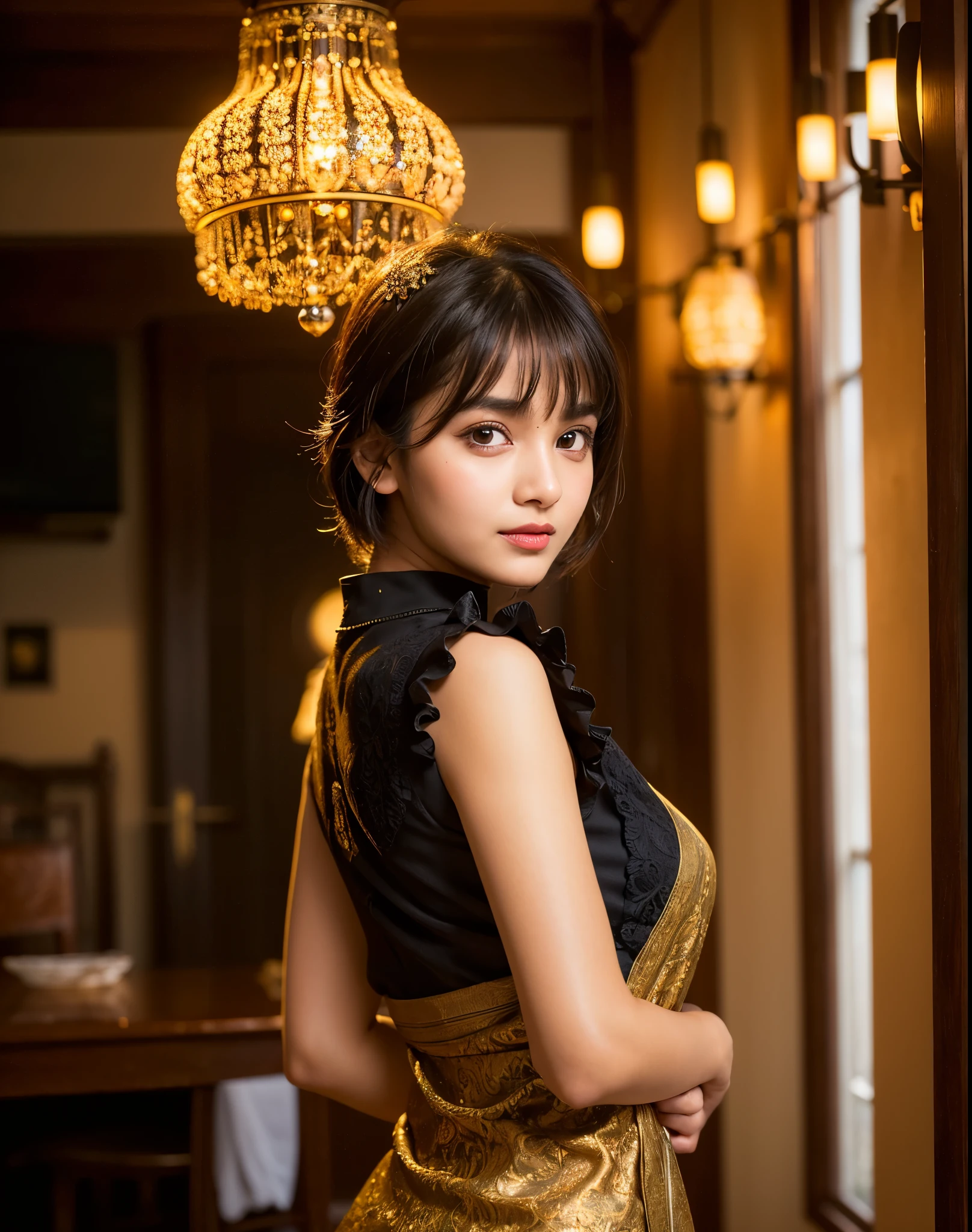 best quality, face focus, soft light, ultra high res, (photorealistic:1.4), RAW photo, 25 years 1indian girl, solo, cute, (pupil, lights in the eyes), detailed beautiful face, (medium chest),(high resolution detail of human skin texture), (Black short hair), indoor, Damask Shirt Dress, (portrait)
