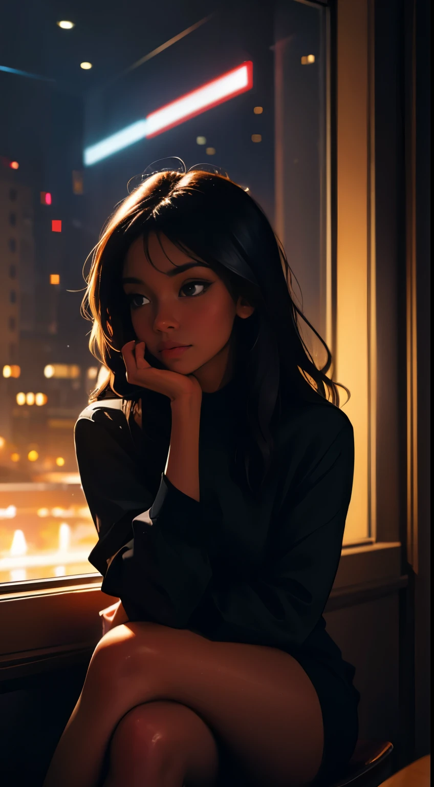 ((masterpiece, best quality, ultra detailed, ultra high res)), ((night)), (distant), chiaroscuro, coffee, indoors, solo focus, pov, (through the window), (armrest), 1 girl,(dark skin), ebony skin, ebony nose, full lips, facing away, black hair, long hair, distracted, sitting, fuzzy sweater shirt, (looking away), streetspace, neon lights, particles, luminous dark brown eyes,