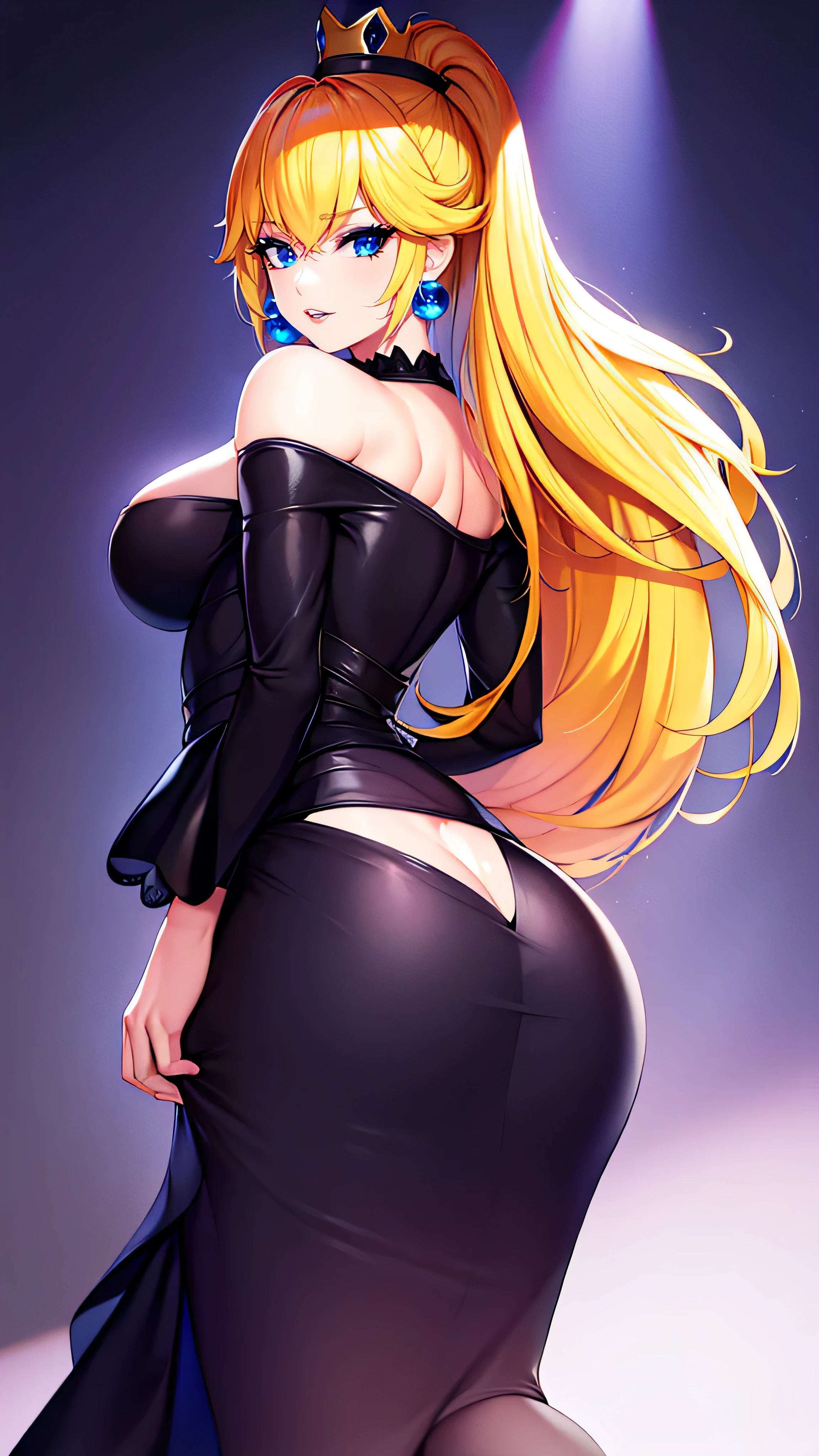 ((high detailed, best quality, 4k, masterpiece, hd:1.3)), BREAK night stars landscape, Princess Peach, neon blue eyes, BREAK blue eyes, seductive, attractive, sexy smile, smiling, smooth anime cg art, long legs, vivid colors, detailed digital art, slim body, perfect skin, blonde hair, long blonde hair, BREAK crown, looking at viewer, BREAK looking at viewer, extremely detailed face, full body, earrings, gem, dark black makeup lips, dark gothic eyeshadows, dark eyeshadows, black eyeshadows, black sexy lips, black lips, dark lips, very dark lips, (perfect hands, perfect anatomy), black makeup, detailed fingers, five fingers per hand, 5 fingers, (1 girl), detailed lips, detailed black lips, black painted lips, gothic painted lips, (off shoulder:1.1), (with your back turned:1.5, looking back pose), (looking back), (hands on waist:1.3),