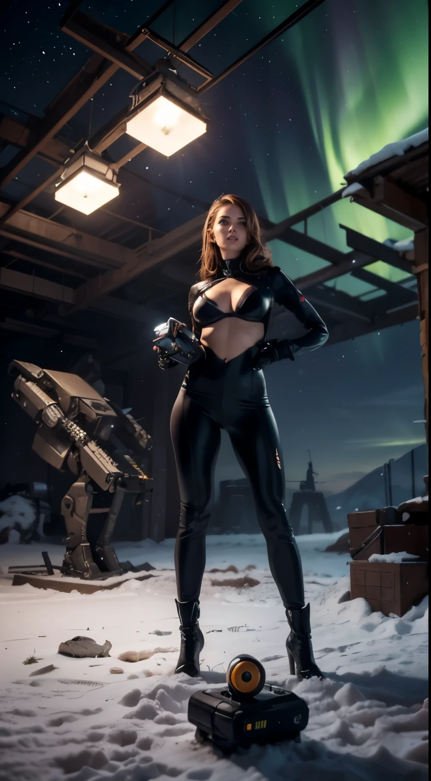 from above, extreme closeup on the breast of one ultra hot gorgeous european woman, age 23, light auburn hair, she's a playmate, a men magazine model, slim body. in a winter technical engineer's thigh jumping suit, high heels boots holding a remote control device. in the background a mech robot that she could move with the remote control. snowy winter night environment with northern lights. Perfect anatomy, Perfect eyes, perfect hands, perfect body, perfect hair, perfect breast, accurate, UHD, retina, masterpiece, anatomically correct, textured skin, super detail, high details, high quality, award winning, best quality, highres, 16k, 8k