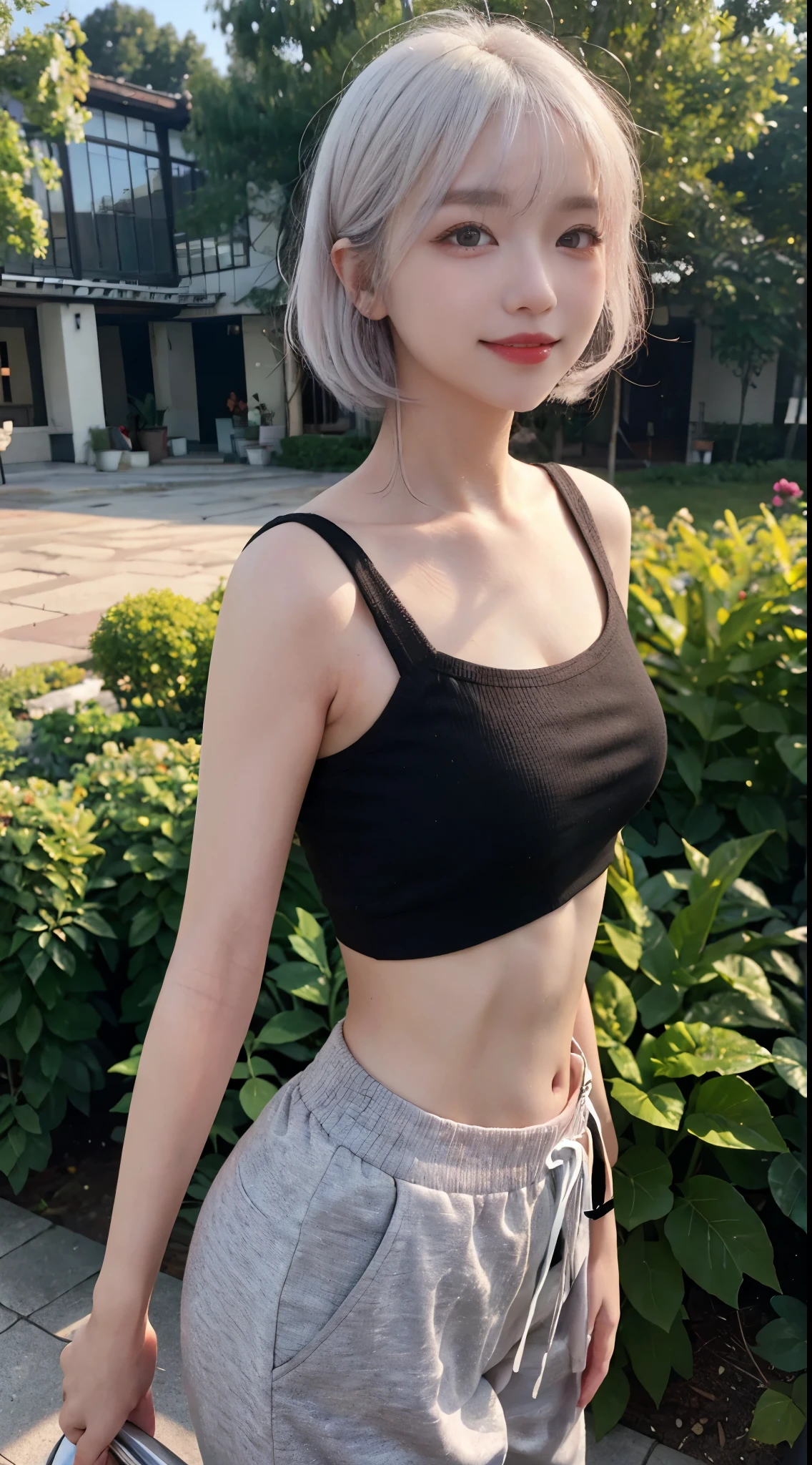best image quality、Raw photo、ultra high resolution、21 year old Korean、small breasts、dynamic angle、cowboy shot、the most beautiful form chaos、elegant、innovative design、brutalist design、vivid colors、beautiful white hair、short bob、smile、glossy white skin、beautiful eyes with random colors、Very thin lips in every detail、detailed beautiful eyes、elongated eyes、light pink cheek、long eyelashes、beautiful double eyelids、eye shadow、garden、black crop top、baggy pants、shot from the side、sexy pose、walk