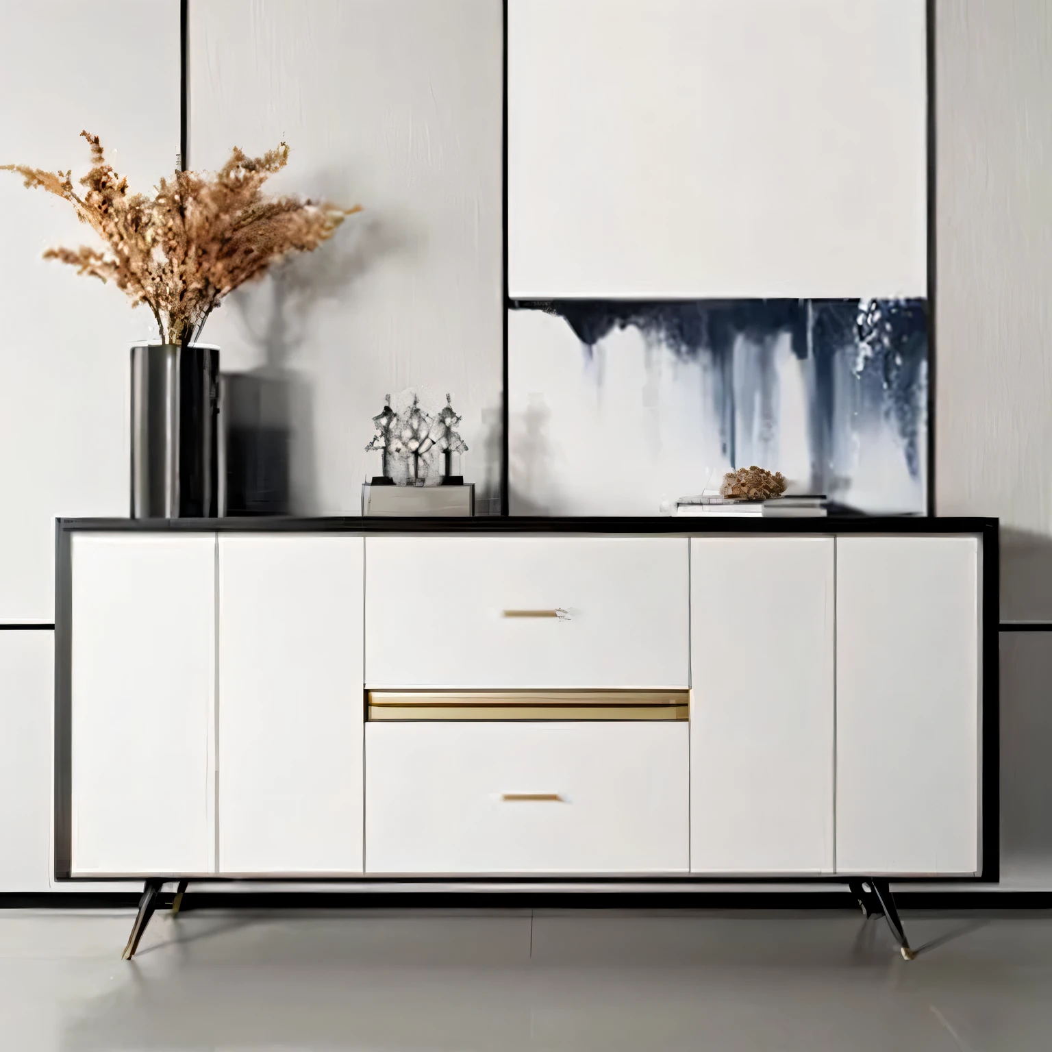 A white and black sideboard,There a vase on it, cupboard家具, modern gallery furniture, elegant furniture, Elegant and refined, clean lines, luxury furniture, wooden cabinet, style furniture, furniture, masterpiece w 1024, Elegant and refined painting, designer furniture, cupboard, With smooth lines and powerful strength, Rectangular white porcelain table
