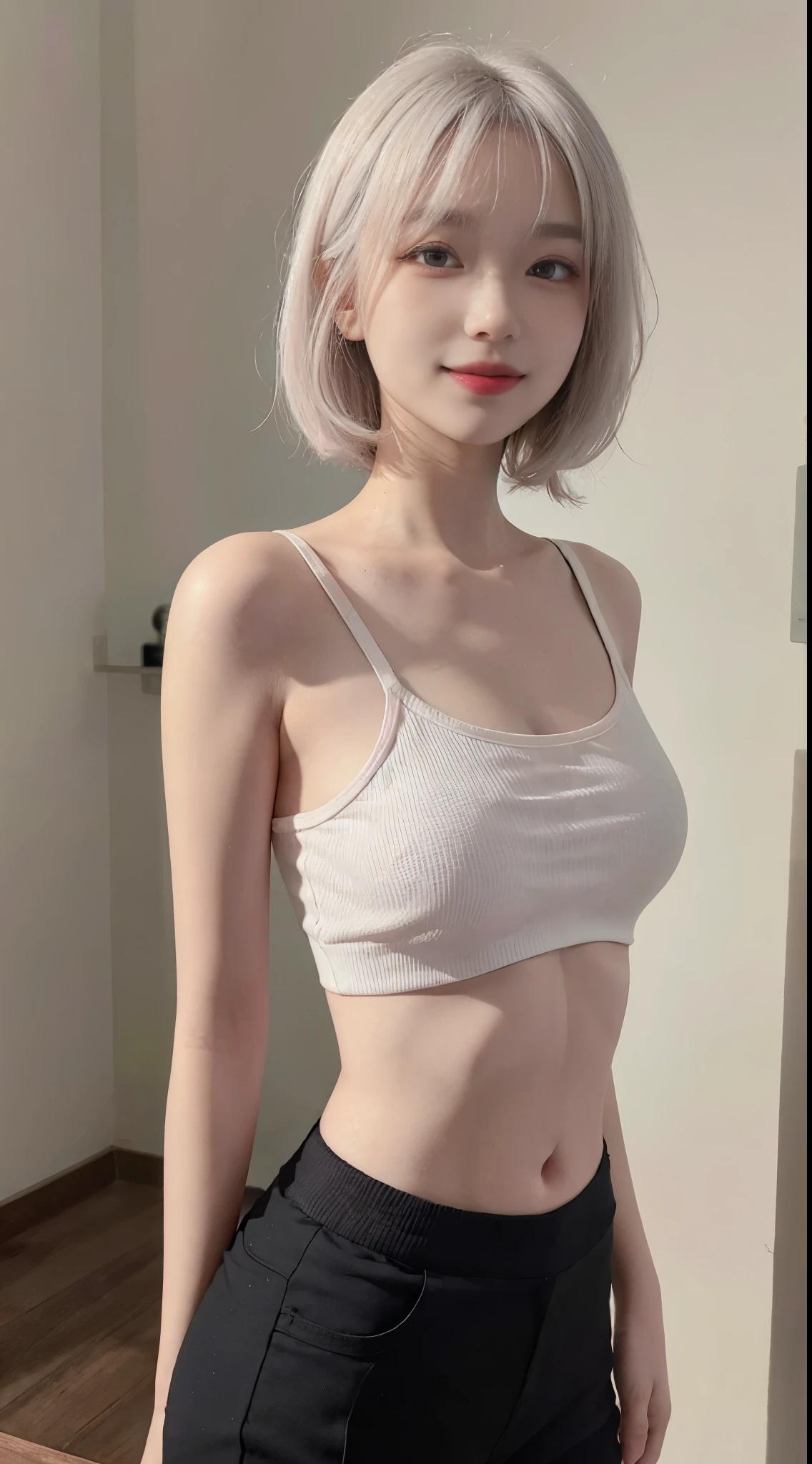 best image quality、Raw photo、ultra high resolution、21 year old Korean、small breasts、dynamic angle、cowboy shot、the most beautiful form chaos、elegant、innovative design、brutalist design、vivid colors、beautiful white hair、short bob、smile、glossy white skin、beautiful eyes with random colors、Very thin lips in every detail、detailed beautiful eyes、elongated eyes、light pink cheek、long eyelashes、beautiful double eyelids、eye shadow、large park、black crop top、baggy pants、shot from the side、sexy pose、walk