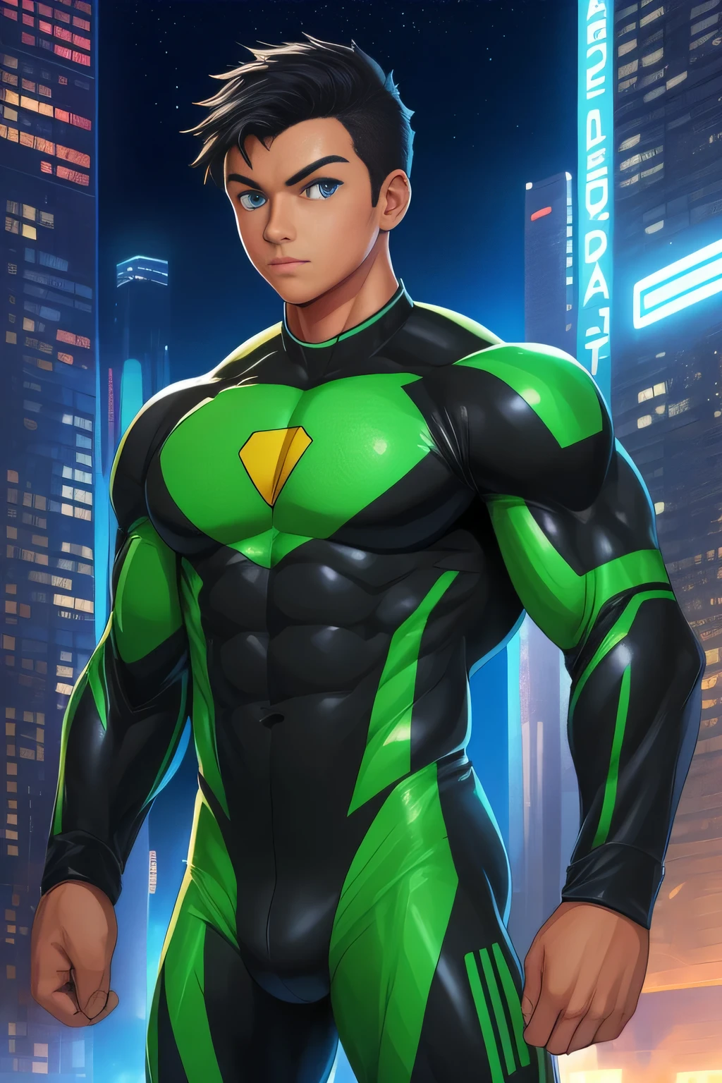 (((TAN SKIN, TANNED BOY)) boy, very attractive boy, mexican ethnicity. tan skin, jet black hair, almost completely shaved hair, young man, solo, jacked muscle, beautiful musculature, aesthetic striations, inspirational physique, lean muscle, square pecs, beautiful v-taper, great abs and torso, bright bodysuit, standing front, young superhero (young face) ready to fight, top rated pixiv, wears a Bodysuit, very tight bodysuit, chiseled abs, chiseled pecs, with his jet black military haircut and voluminous neck, almost completely shaved hair, narrow waist, superhero, white sclera, blue eyes, no horns, brave superhero, human, handsome face, young. City background, skyscraper, futuristic city, night, stars, night lights, skill image, looking to the viewer, hero whose presence inspires trust and respect. (((His hero suit is black and green.))) (((BACK))) huge and firm muscular thighs, round buttocks and round butt inward with the back, shapely buttocks, firm ass ((firm and shapely buttocks))