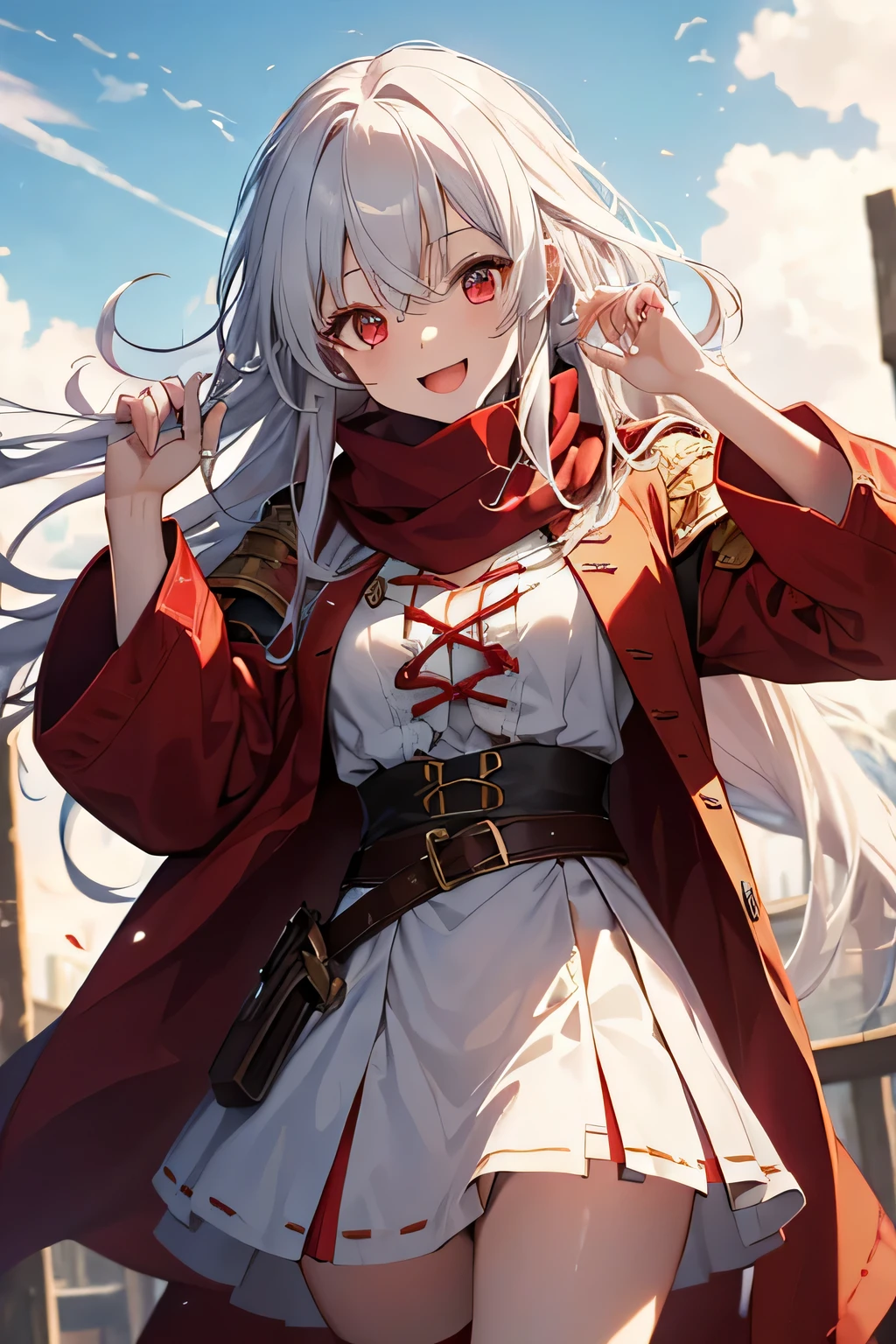 cowboy shot((no hat :1.3)),1girl,red eyes,white hair,wavy long hair,red scarf,bard costume,cheerful laugh,medieval fantasy