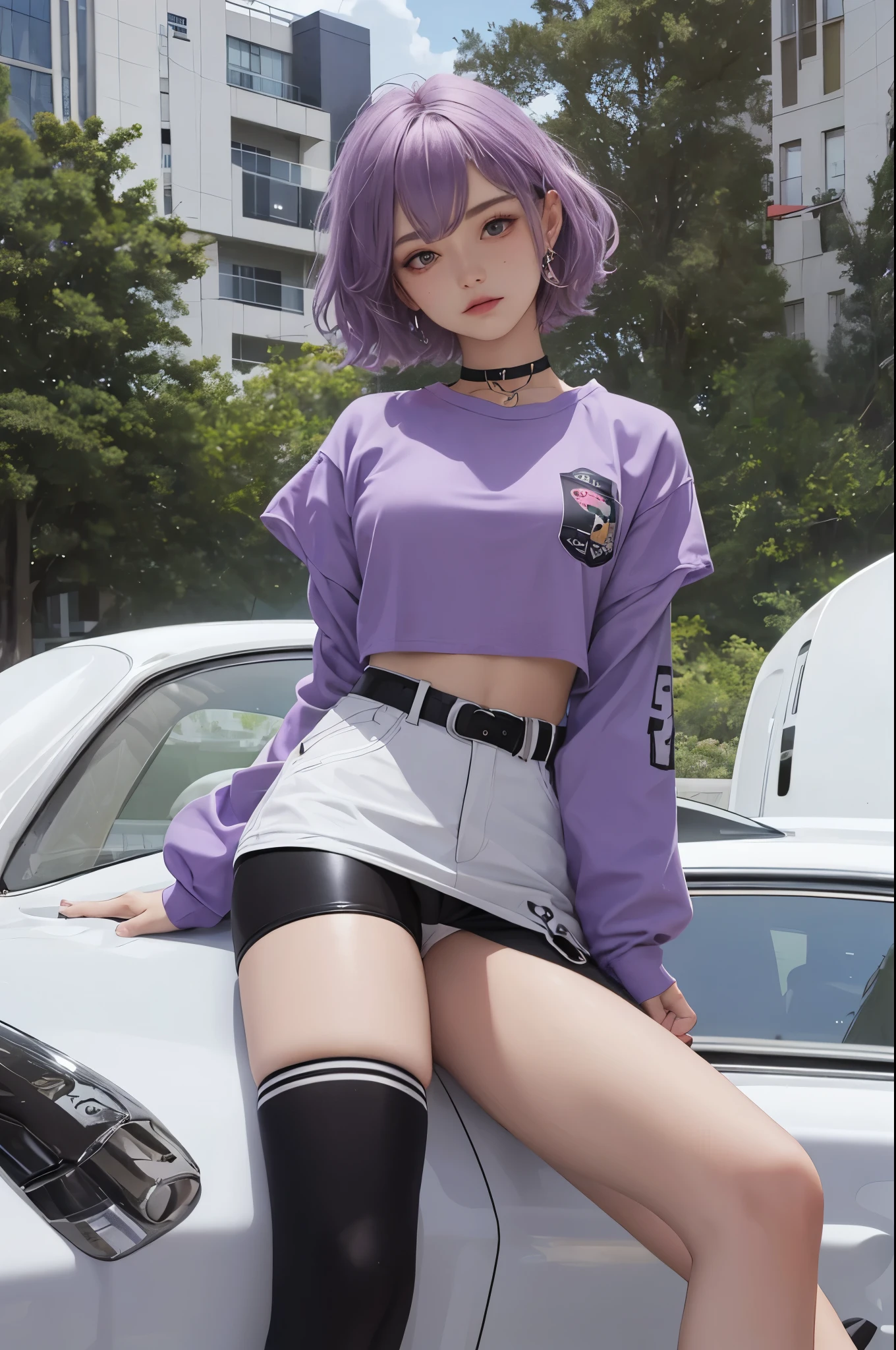 girl, Short curly pastel purple hair, freckles, septum piercing, medium tits, wearing a long sleeve crop top and spandex shorts, blue and brown heterochromatic eyes