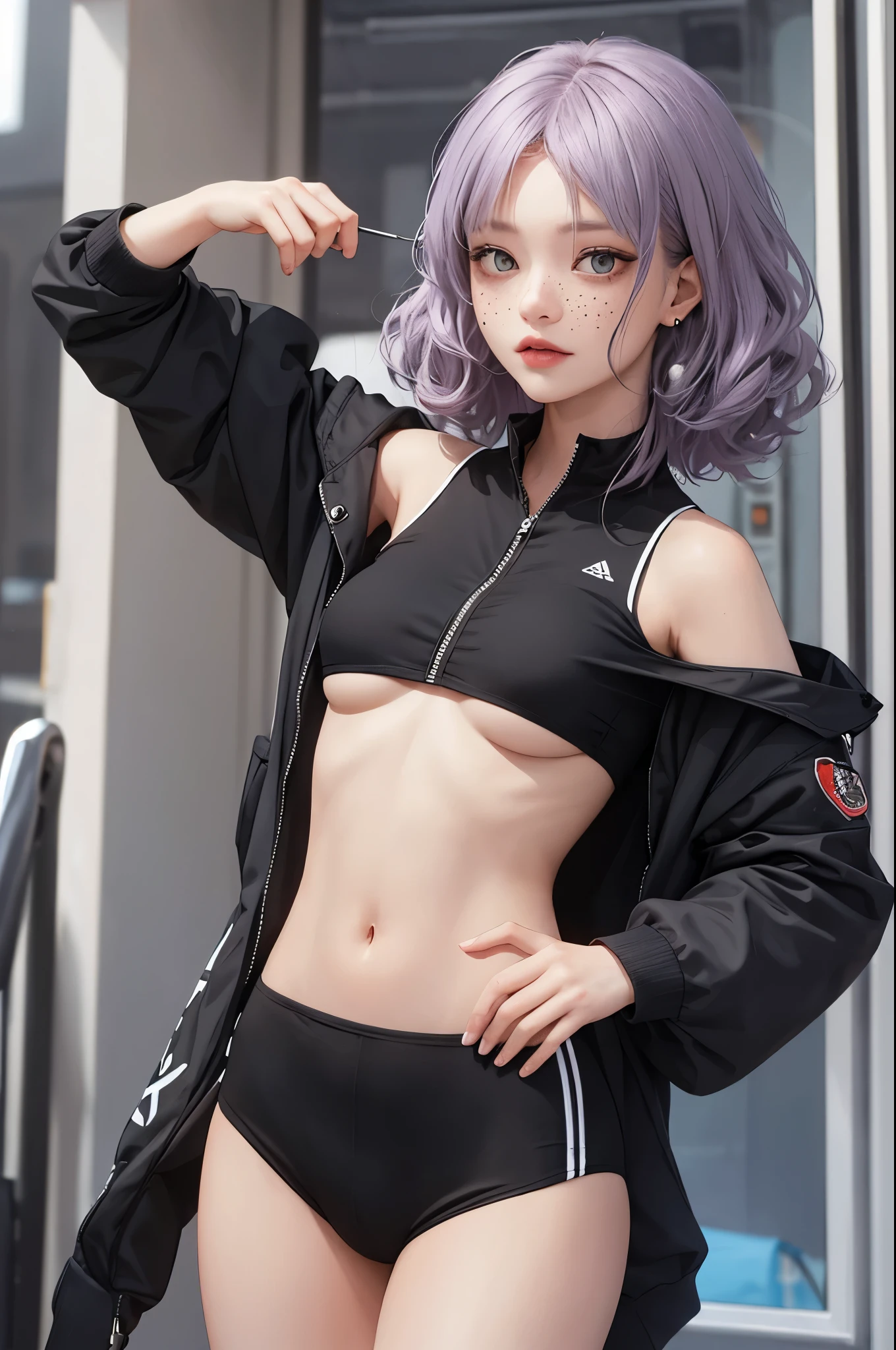 girl, Short curly pastel purple hair, freckles, septum piercing, medium tits, wearing a long sleeve crop top and spandex shorts, blue and brown heterochromatic eyes