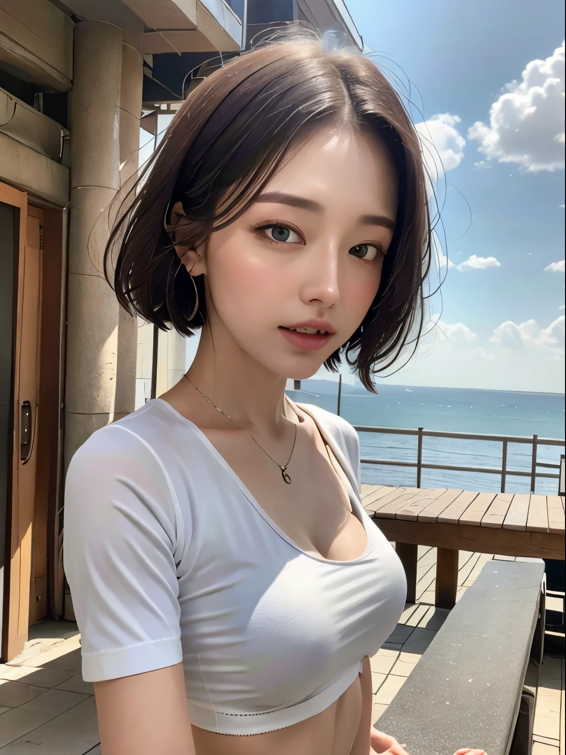 (highest quality, 8K, 超masterpiece:1.3)), sharp:1.2, perfect body beauty:1.4, slim abs:1.2, ((Short to medium hair, big breasts:1.2)), Highly detailed face and skin texture
(8K, highest quality, masterpiece: 1.2), (hair_style), (realistic, photorealistic: 1.37), highest quality, masterpiece, in the summer sunshine, sky and sea view, Photographed on the wooden deck, [small breast tuck light, Shoot from the waist up, camera angle from bottom to top, pose with hair raked up with hands, Photographed in natural light from morning until noon, Hairstyles and fashion styles that match the Japan trends of 2023, realistic, Super detailed, 30 generations, actress, Half Japanese and Russian model, elaborate CG, thin, adorable, hairstyle matches the fashion of Japan in 2023 short bob cut fluttering in the wind, delicate skin type, Fine details and softness, model hair color  bright and soft, Choose a short T-shirt that matches the summer trends of 2023、Pair it with light pastel colors to match your surf fashion..