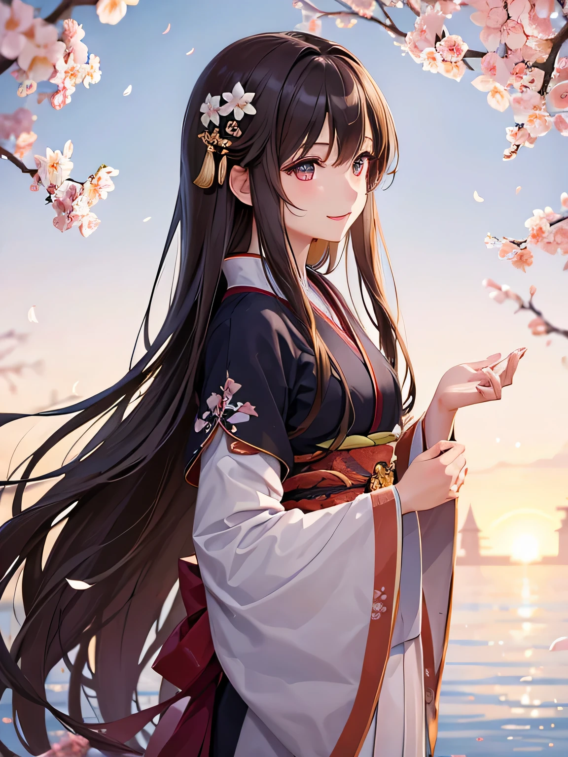 brown hair、long hair、or period、kimono、confused、Very beautiful and delicate shining eyes、Beautiful smile with attention to detail、profile、;d、beautiful and delicate flowing hair、Delicate and detailed beautiful hands、very delicate and detailed fingers、alone、Super beautiful illustration、cute and beautiful, Beautiful smile, very delicate and detailed、Castle town background、Plum blossom