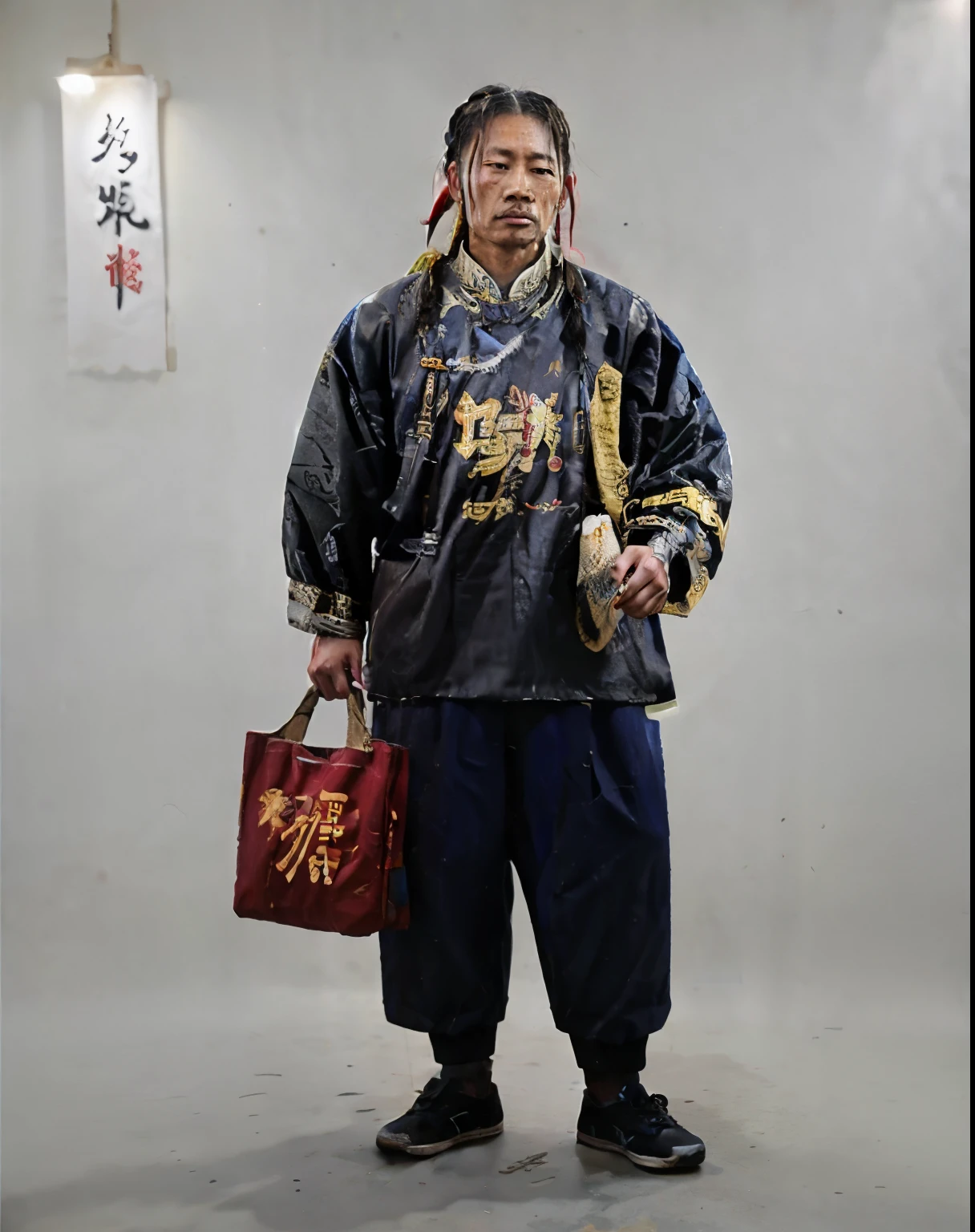 A man holding a cage, Chinese style, worn-out cotton clothes, worn-out cotton shoes, worn-out pants, with Qing Dynasty braids, impoverished and destitute