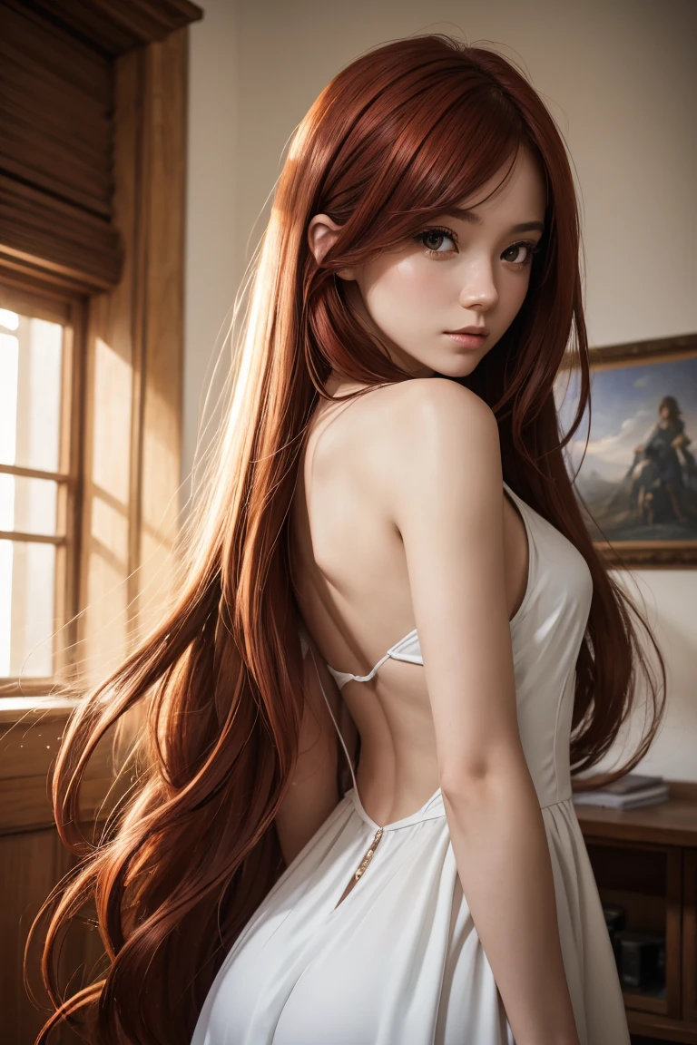 A very long straight silky red haired sweden girl, bang, green eyes, 20 years old, young, pale skin, Ultra high res, uhd, (photorealistic:1.4), mons veneris from the side, doll-like face, in a dark room dramatic lighting, shy,  full body shot, side view, a towel wrapping around her body,