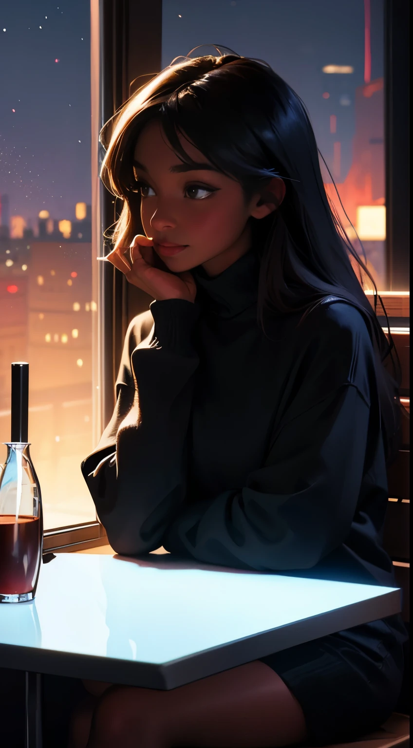 ((masterpiece, best quality, ultra detailed, ultra high res)), ((night)), (distant), chiaroscuro, coffee, indoors, solo focus, pov, (through the window), (armrest), 1 woman,(dark skin), ebony skin, ebony nose, full lips, facing away, black hair, long hair, distracted, sitting, fuzzy sweater shirt, (looking away), streetspace, neon lights, particles, luminous dark brown eyes,