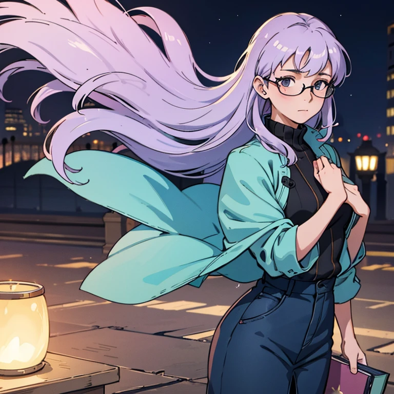 (best quality,4k,8k,highres,masterpiece:1.2),ultra-detailed,(realistic,photorealistic,photo-realistic:1.37),shy,timid,anime-style,mid-twenties girl,standing,glasses,bustling city night scene,city lights,neon signs,reflection in puddles,blurry background,subtle street fog,gentle raindrops,soft pastel colors,calm expression,slightly flushed cheeks,elegant dress,book in hand,loneliness and serenity,full moonlight casting enchanting shadows,peaceful atmosphere,sparkling stars,mysterious charm,depth and layering,striking contrast,gentle wind brushing against her hair,tranquil and dreamy ambiance.