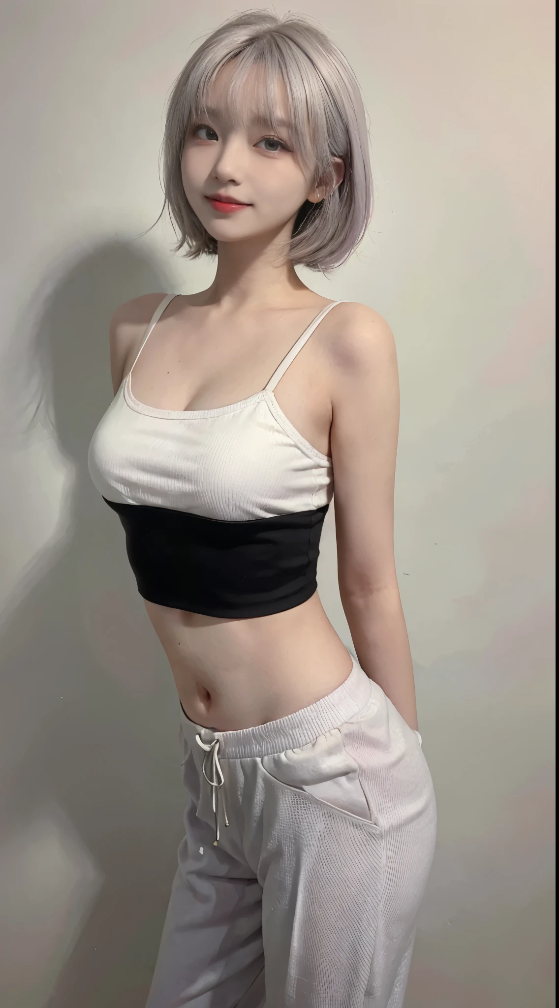 best image quality、Raw photo、ultra high resolution、21 year old Korean、small breasts、dynamic angle、cowboy shot、the most beautiful form chaos、elegant、innovative design、brutalist design、vivid colors、beautiful white hair、short bob、smile、glossy white skin、beautiful eyes with random colors、Very thin lips in every detail、detailed beautiful eyes、elongated eyes、light pink cheek、long eyelashes、beautiful double eyelids、eye shadow、large park、black crop top、baggy pants、shot from the side、sexy pose、Point your finger up、walk