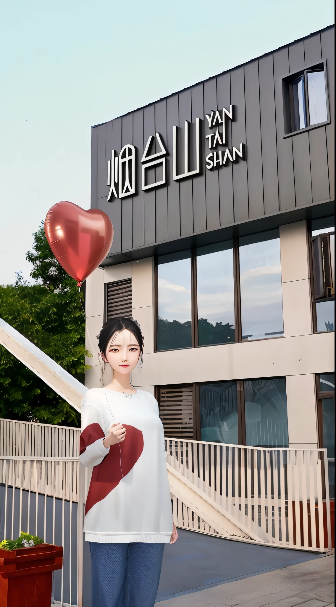 (best quality),(masterpiece),high details,extremely_detailed_CG_unity_8k_wallpaper,There  a woman holding a heart-shaped balloon in front of a building, Inspired by Tang Yifen, Inspired by Ai Xuan, inspired by Wuzhun Shifan, Inspired by Ma Yuanyu, Inspired by Zhang Xiaogang, Inspired by Zhan Ziqian, Inspired by the sky, jin shan, Inspired by Huayan, inspired by Qian Xuan