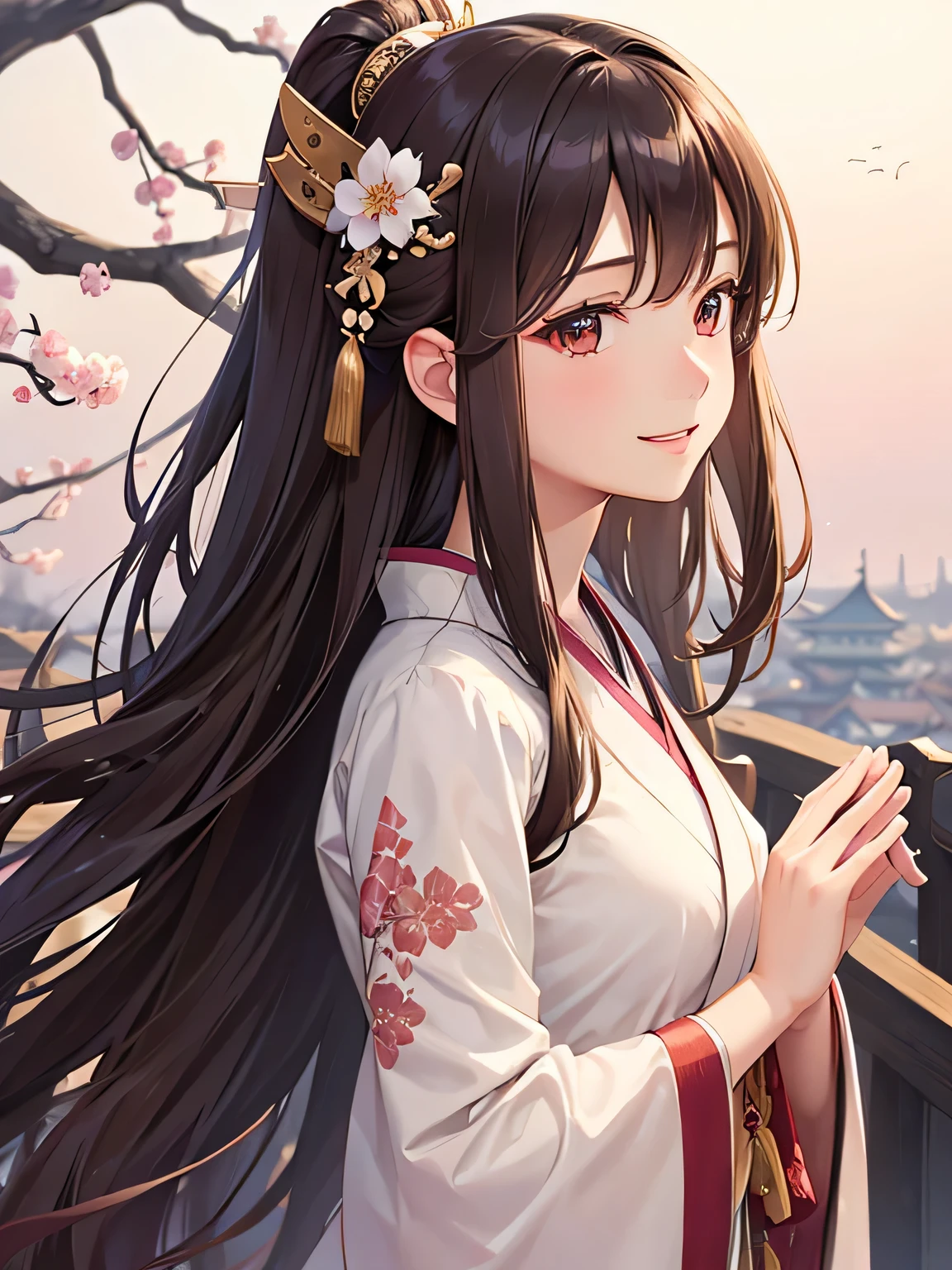 brown hair、long hair、or period、kimono、confused、Very beautiful and delicate shining eyes、Beautiful smile with attention to detail、profile、;d、beautiful and delicate flowing hair、Delicate and detailed beautiful hands、very delicate and detailed fingers、alone、Super beautiful illustration、cute and beautiful, Beautiful smile, very delicate and detailed、Castle town background、Plum blossom