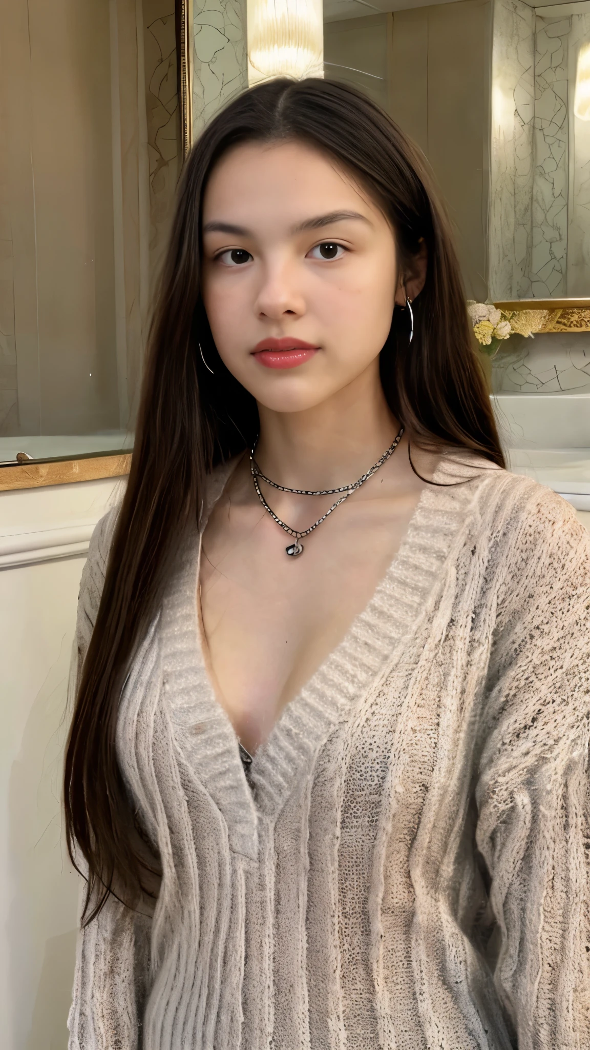 Olivia Rodrigo, 13 years old, long hair: 1.3, sweater, small neckline, fair skin