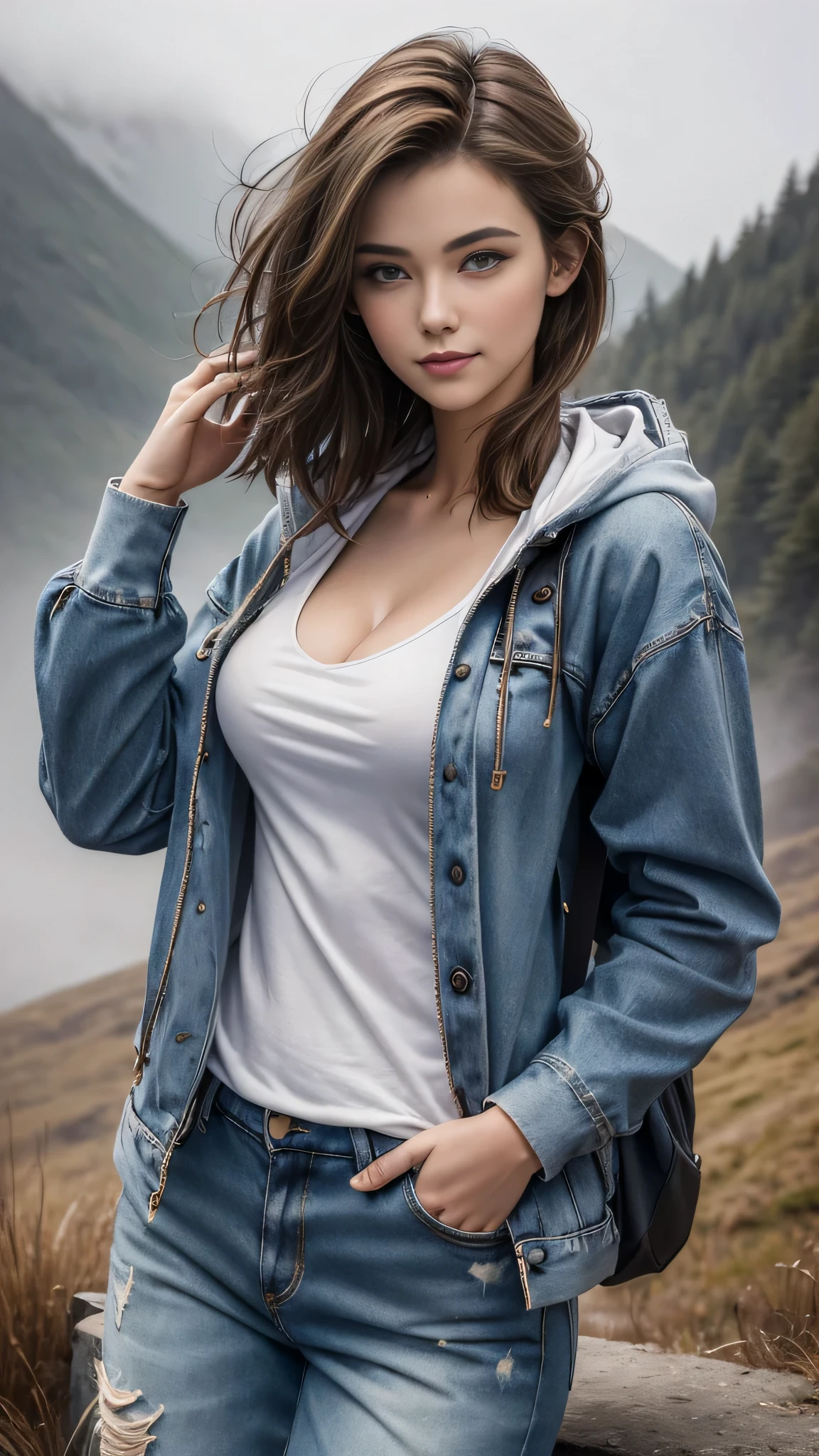 (Masterpiece, best quality, award winning, photorealistic, fashion photography :1.5), Photoshoot by DSLR camera with vivid color tone, sharp focus, 35mm. lens and f/2.8. close-up shot at mountain top with beautiful fog view, at dawn, foggy, A beautiful European female youth, model, ig idol, delicate face, perfect slim body, attractive slender body, boobs, beautiful eyes, no make-up, dark blonde messy short hairs. Wearing hoodie coat, jean pants, backpack, top of the hill, light smiling.