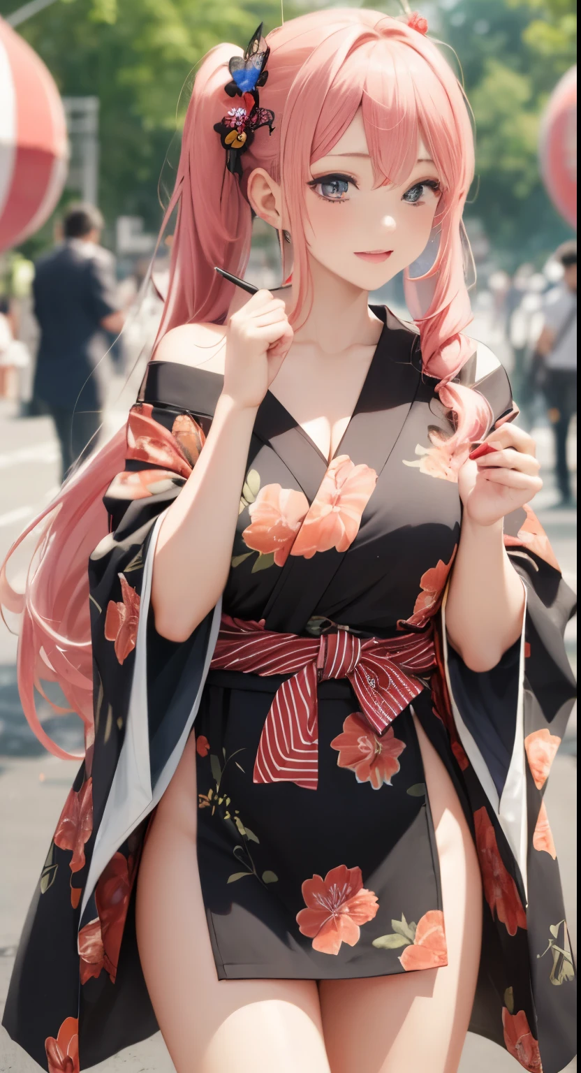 8K quality、highest quality、table top、Super high quality、super detailed、Super realistic hair texture、Beautiful woman in bright colors、beautiful long hair、shiny hair、fine hair、Twintail、red eyes、shiny skin,modest chest、Sweat on the forehead and cheeks、off-shoulder yukata、embarrassed look、soft pink lips、Super realistic flesh feeling、red cheeks、summer festival in background、Full body Esbian、sexy shot
