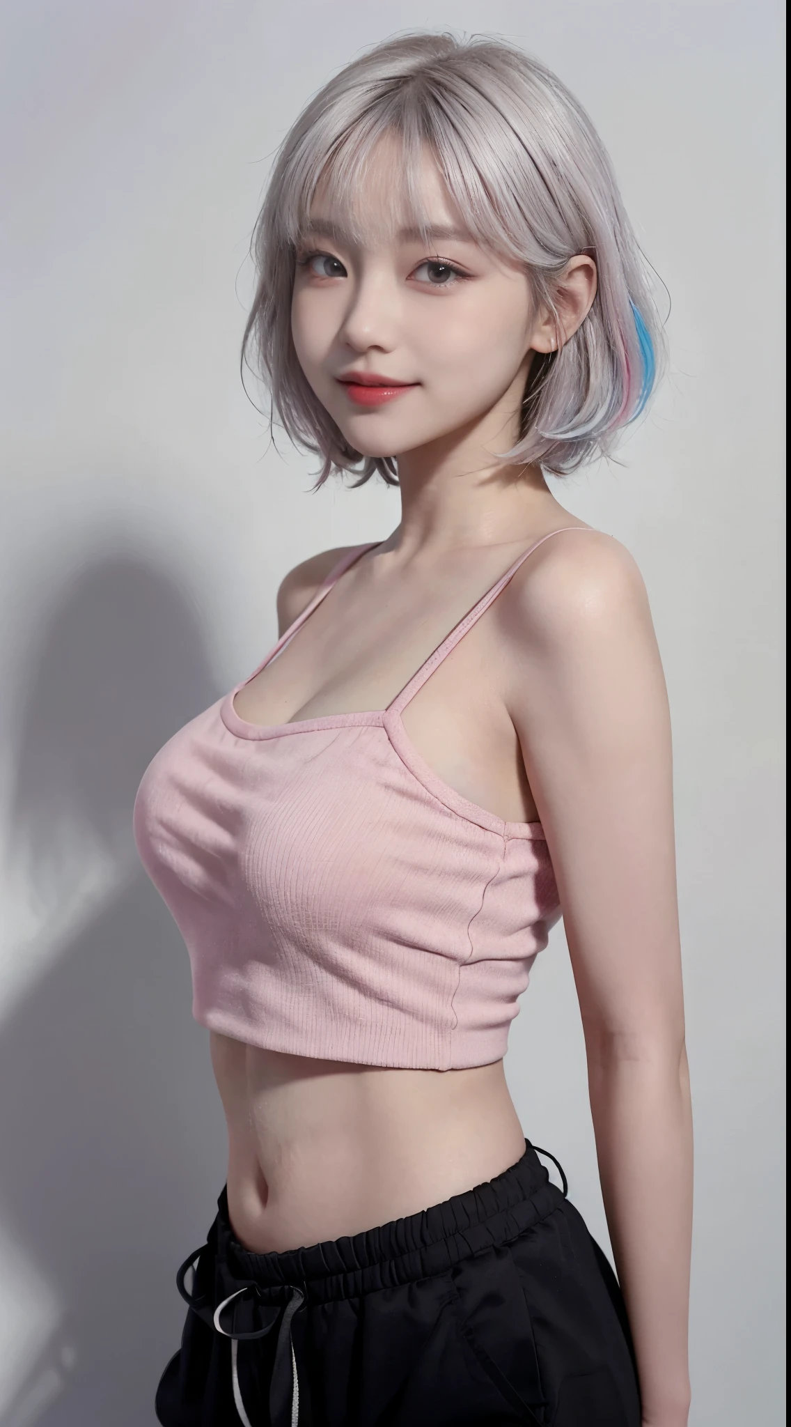 best image quality、Raw photo、ultra high resolution、21 year old Korean、small breasts、dynamic angle、cowboy shot、the most beautiful form chaos、elegant、innovative design、brutalist design、vivid colors、beautiful white hair、short bob、smile、glossy white skin、beautiful eyes with random colors、Very thin lips in every detail、detailed beautiful eyes、elongated eyes、light pink cheek、long eyelashes、beautiful double eyelids、eye shadow、large park、black crop top、baggy pants、shot from the side、sexy pose、Point your finger up、walk